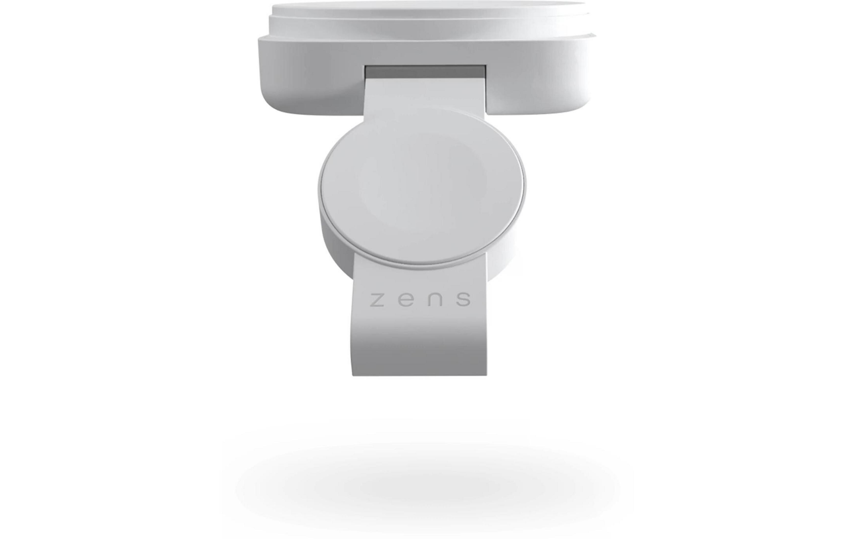 Ein weißer, runder Halter mit dem Logo "zens" darauf.