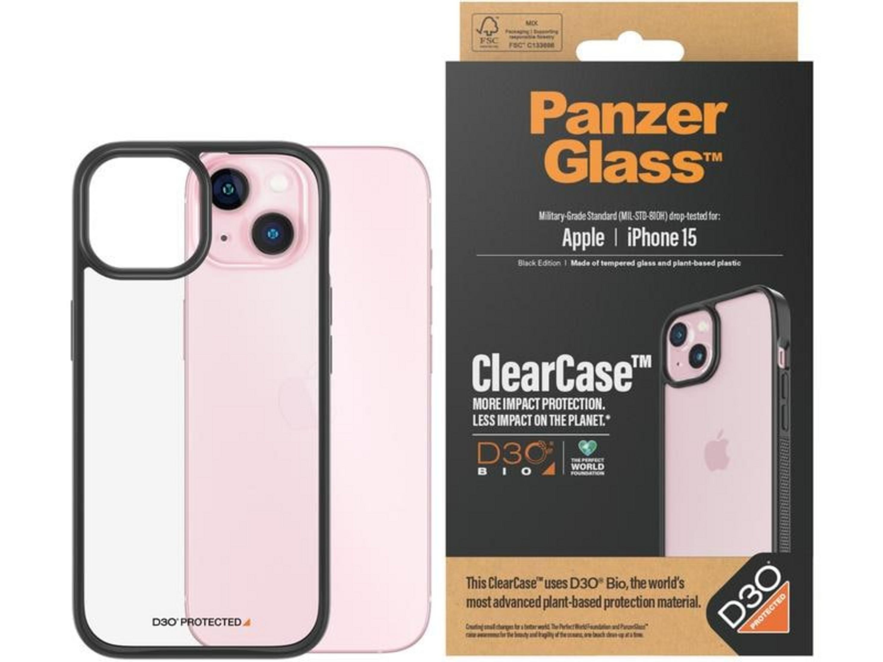 Ein pinkfarbenes iPhone 15 mit einer schwarzen Hülle daneben und der Verpackung.