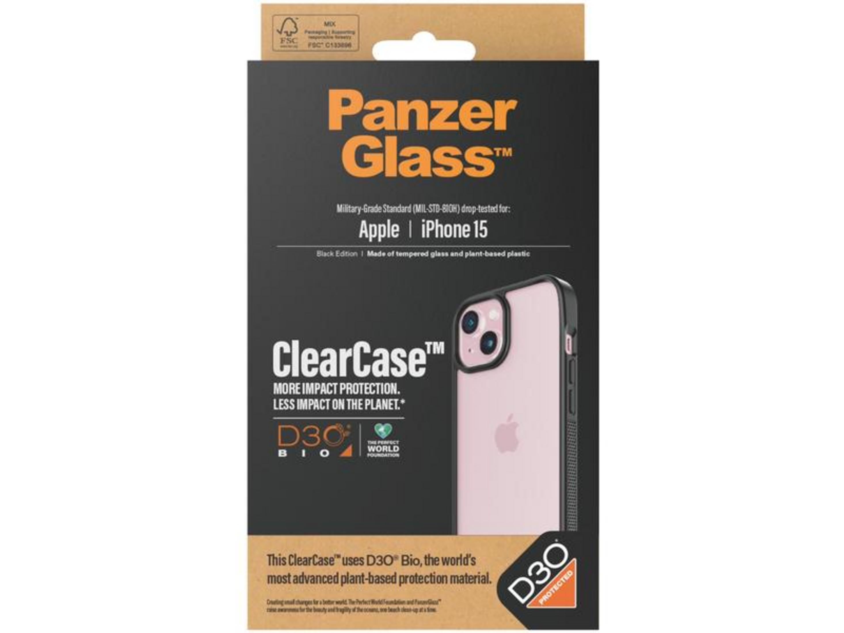 Verpackung für Panzer Glass ClearCase für iPhone 15 mit rosa Hülle.