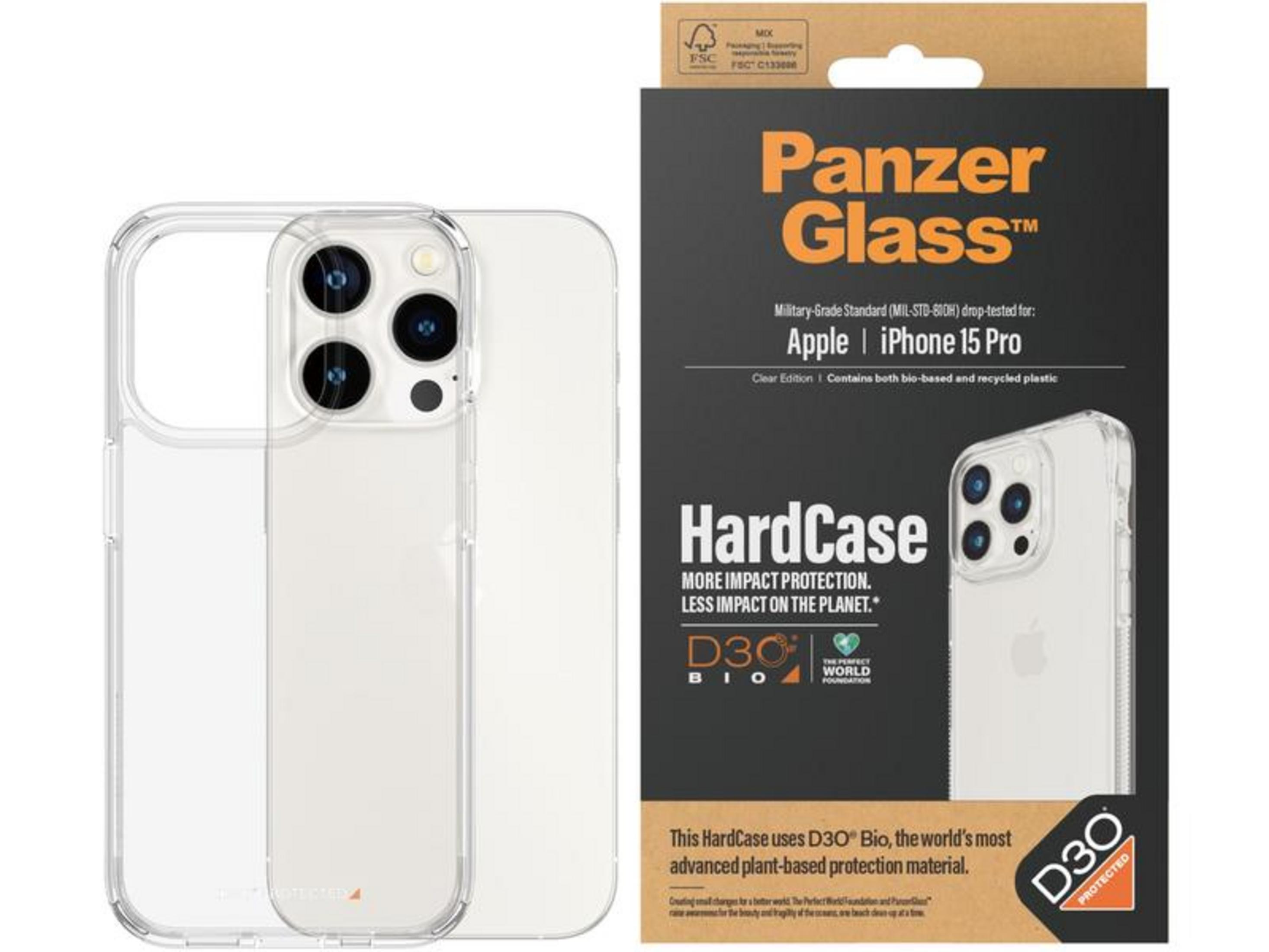 Şeffaf iPhone 15 Pro kılıfı ve Panzer Glass ambalajı. D3O Bio malzemesi öne çıkarılmış.