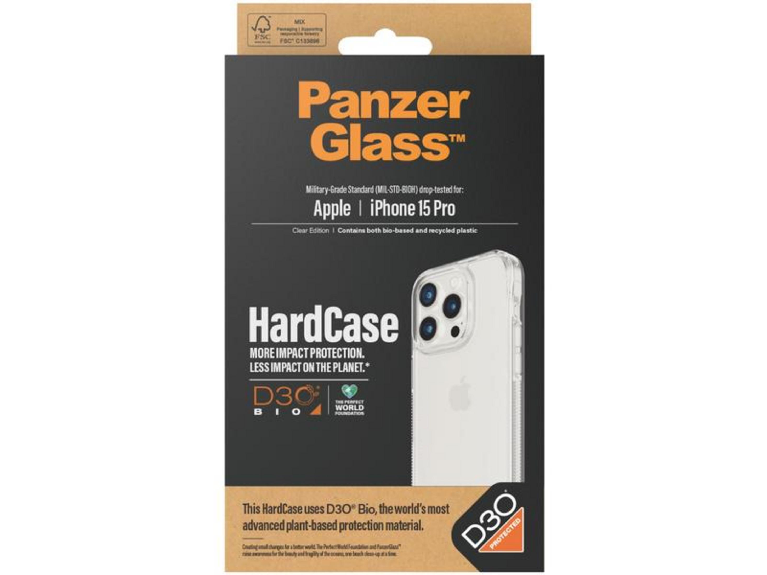 iPhone 15 Pro için Panzer Glass HardCase ambalajı, telefonlu.