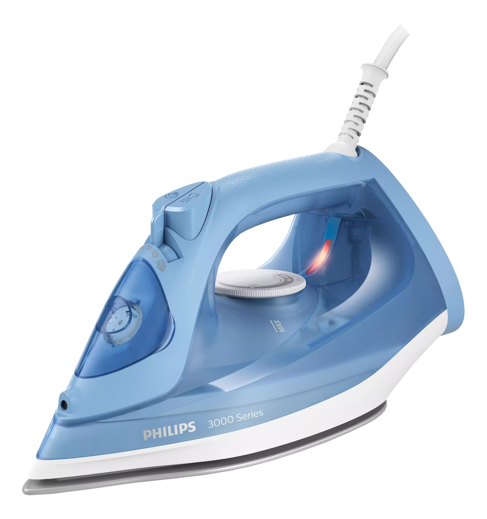 Eine blaue Philips 3000 Series Dampfbügeleisen mit weißem Kabel und Drehregler.