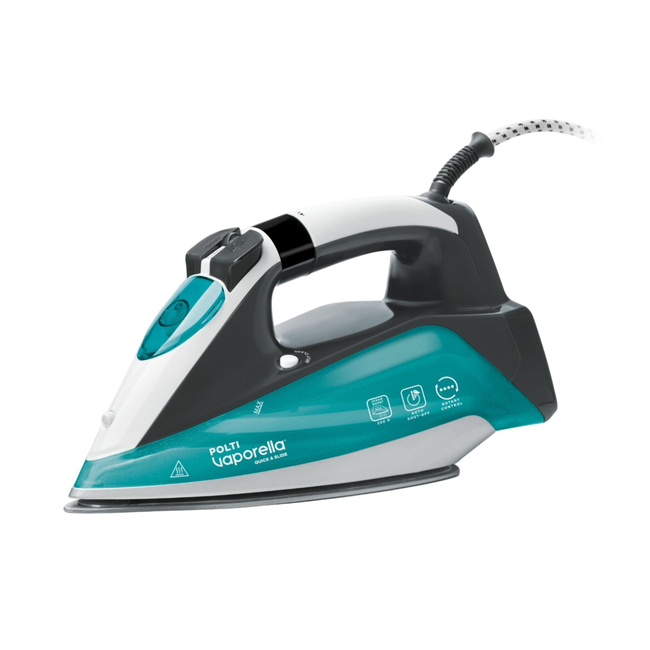Turkusowo-białe żelazko parowe na białym tle.
