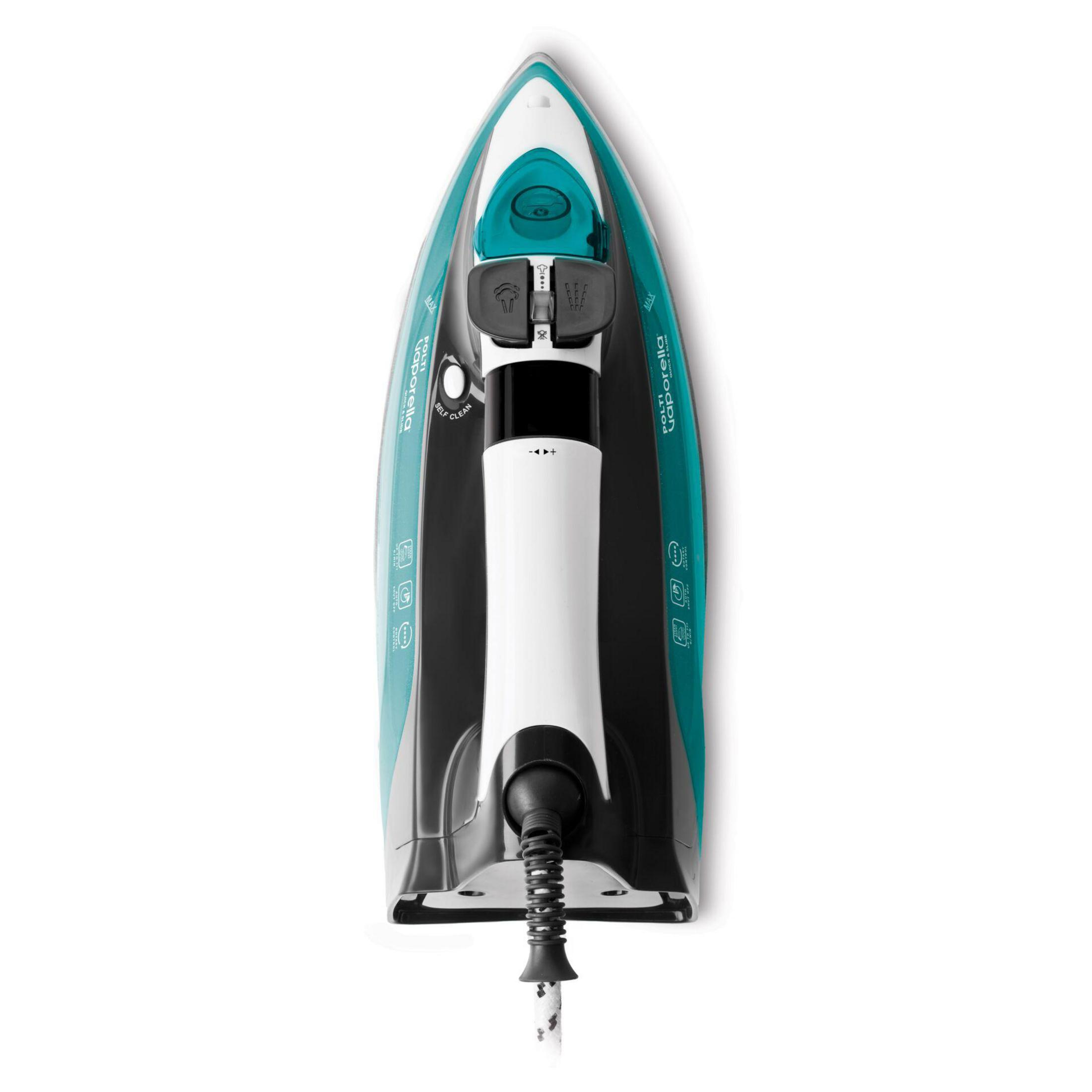 Turkusowo-białe żelazko parowe widziane z góry, z czarnym uchwytem.