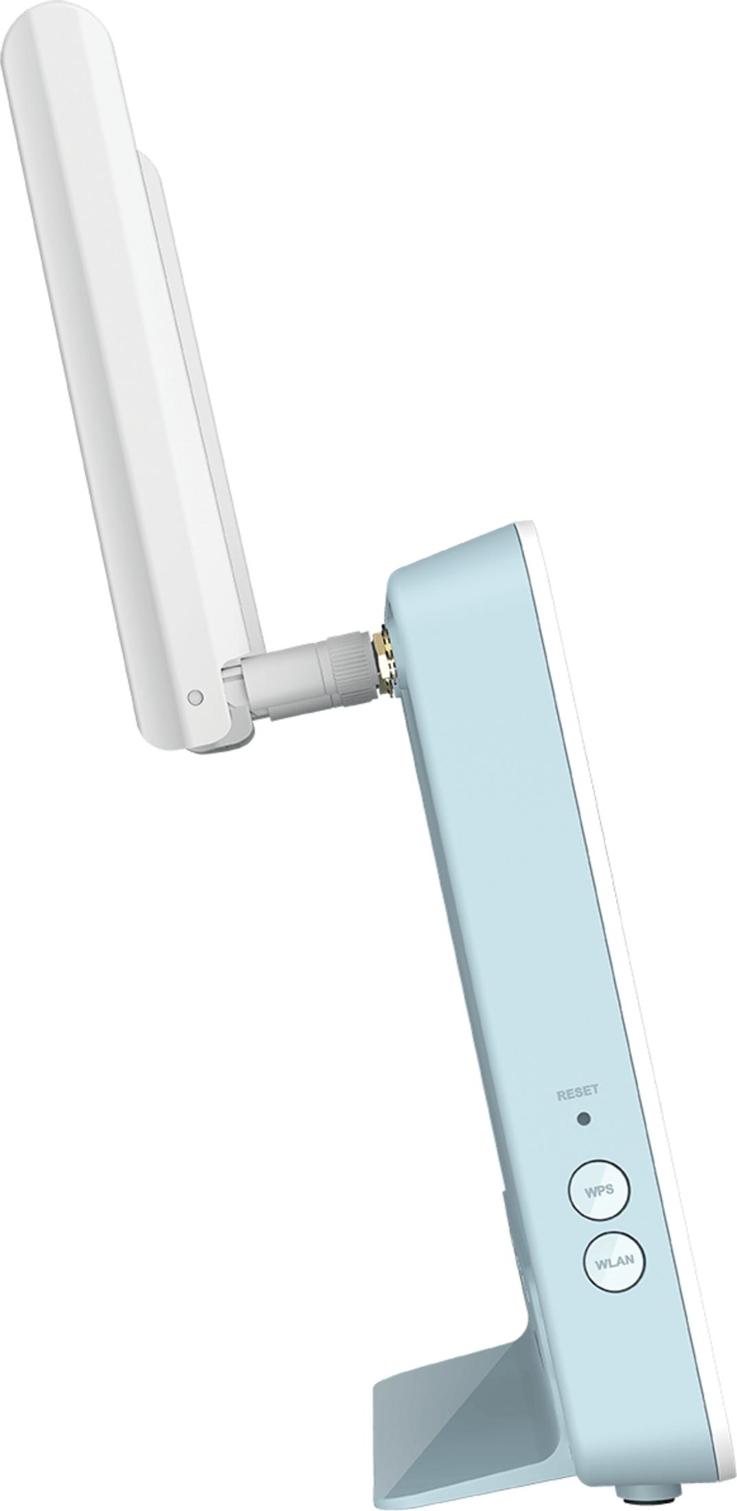 Jasnoniebieskie urządzenie WiFi z białą anteną i przyciskami.