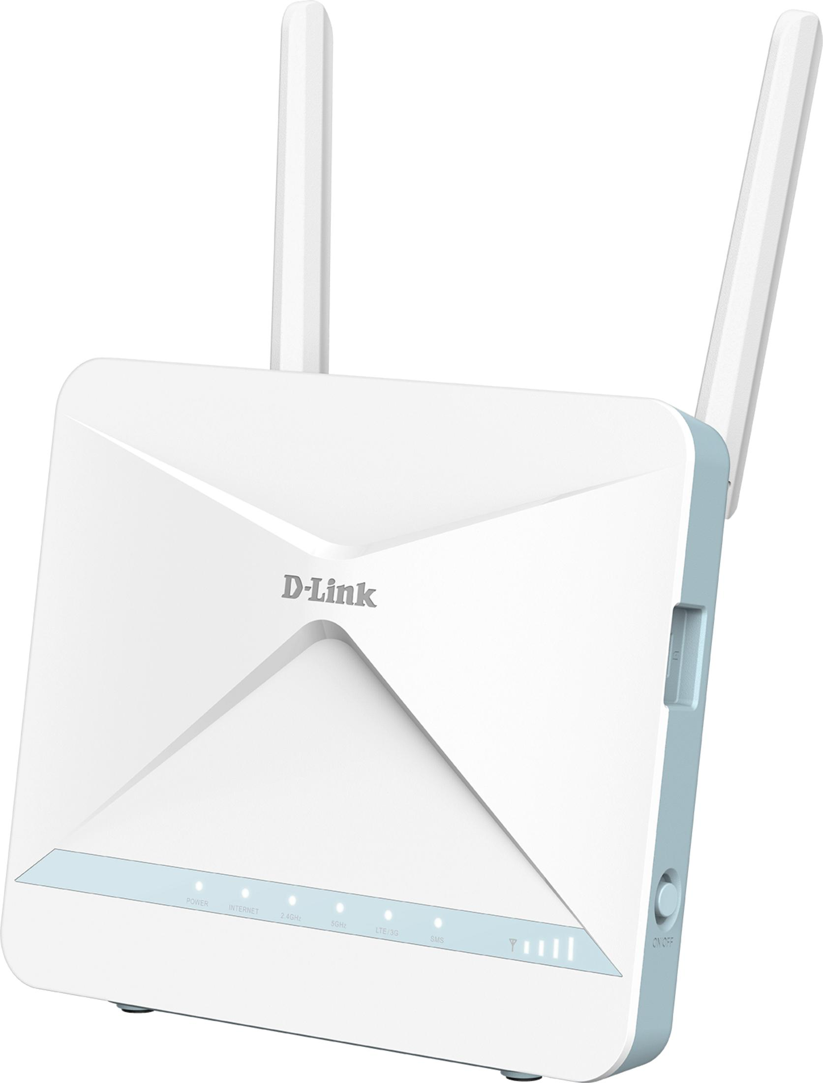 Biały router D-Link z dwiema antenami i lampkami kontrolnymi.
