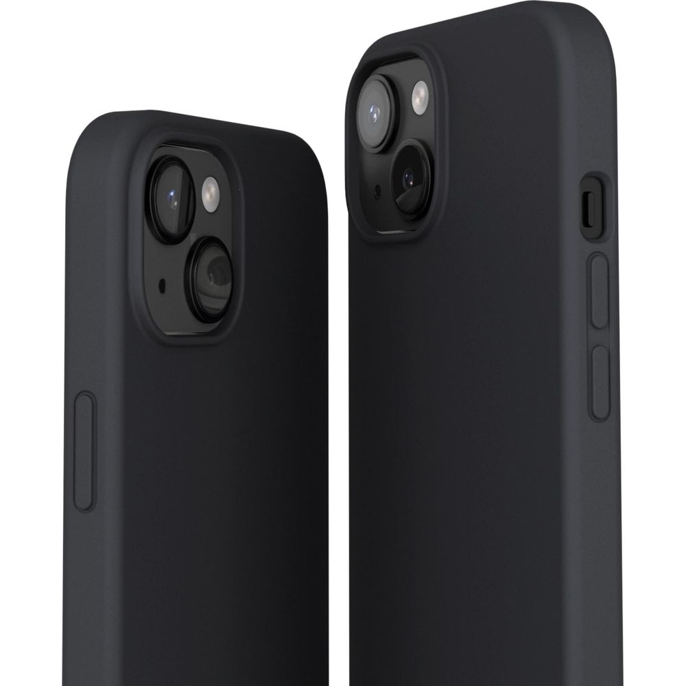 Deux coques de téléphone noires avec modules caméra sur fond blanc.