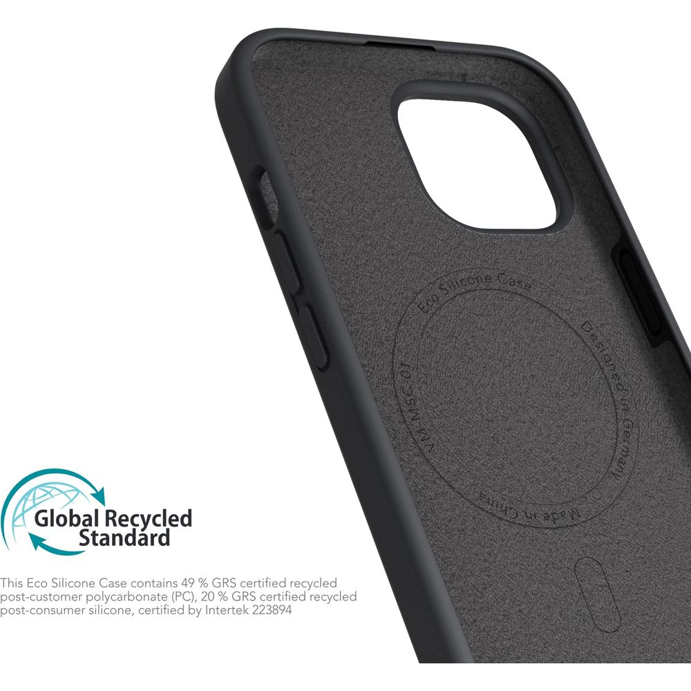 Coque de téléphone noire en silicone écologique avec logo Global Recycled Standard.