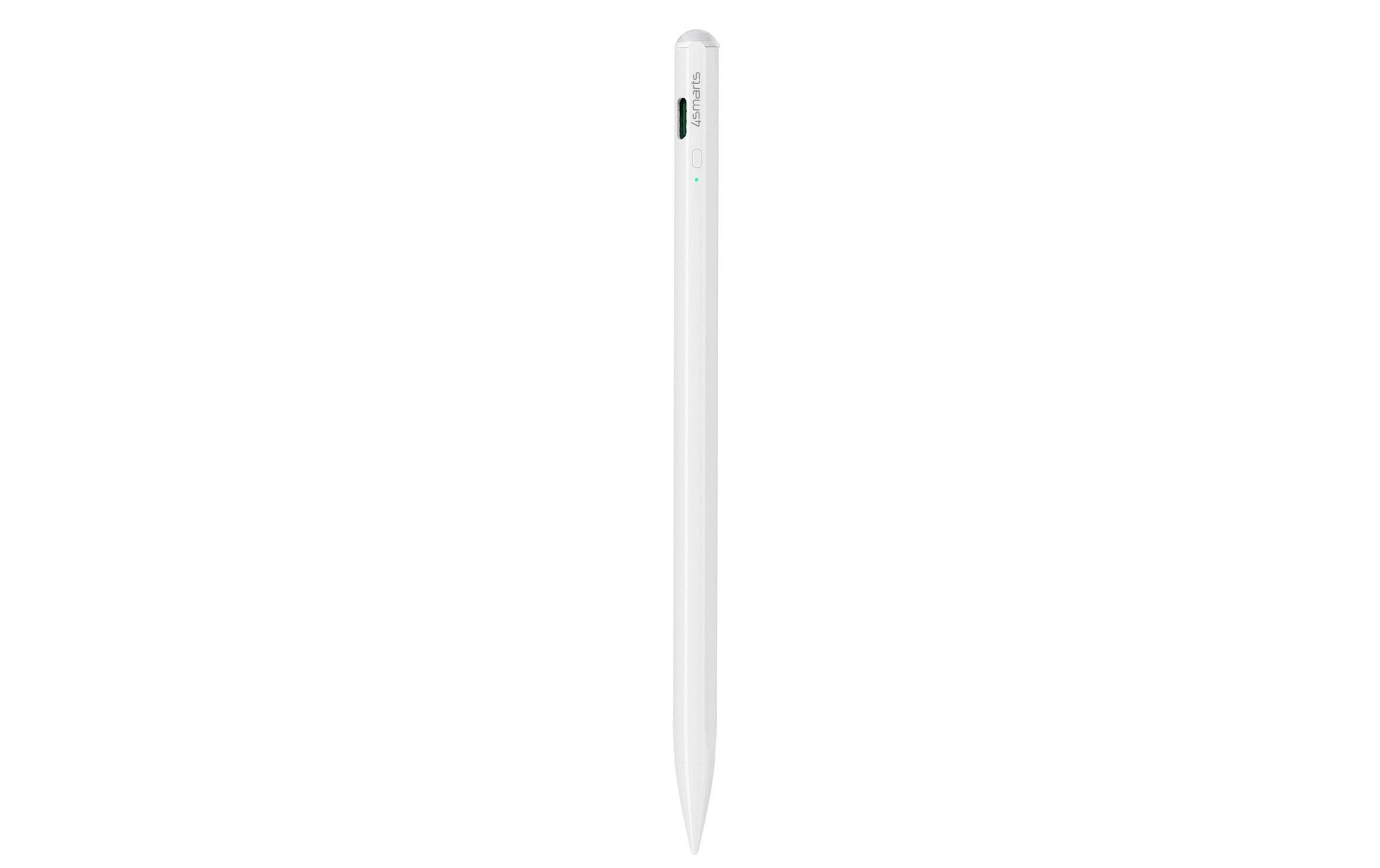 Ein schlanker, weißer Eingabestift mit silberner Spitze und dem Schriftzug "4smarts".
