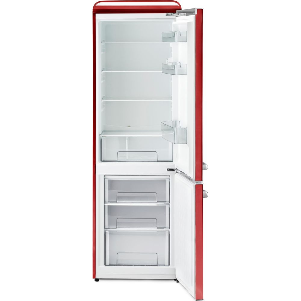 Ein roter Kühlschrank mit offener Tür, leere Regale und Schubladen.