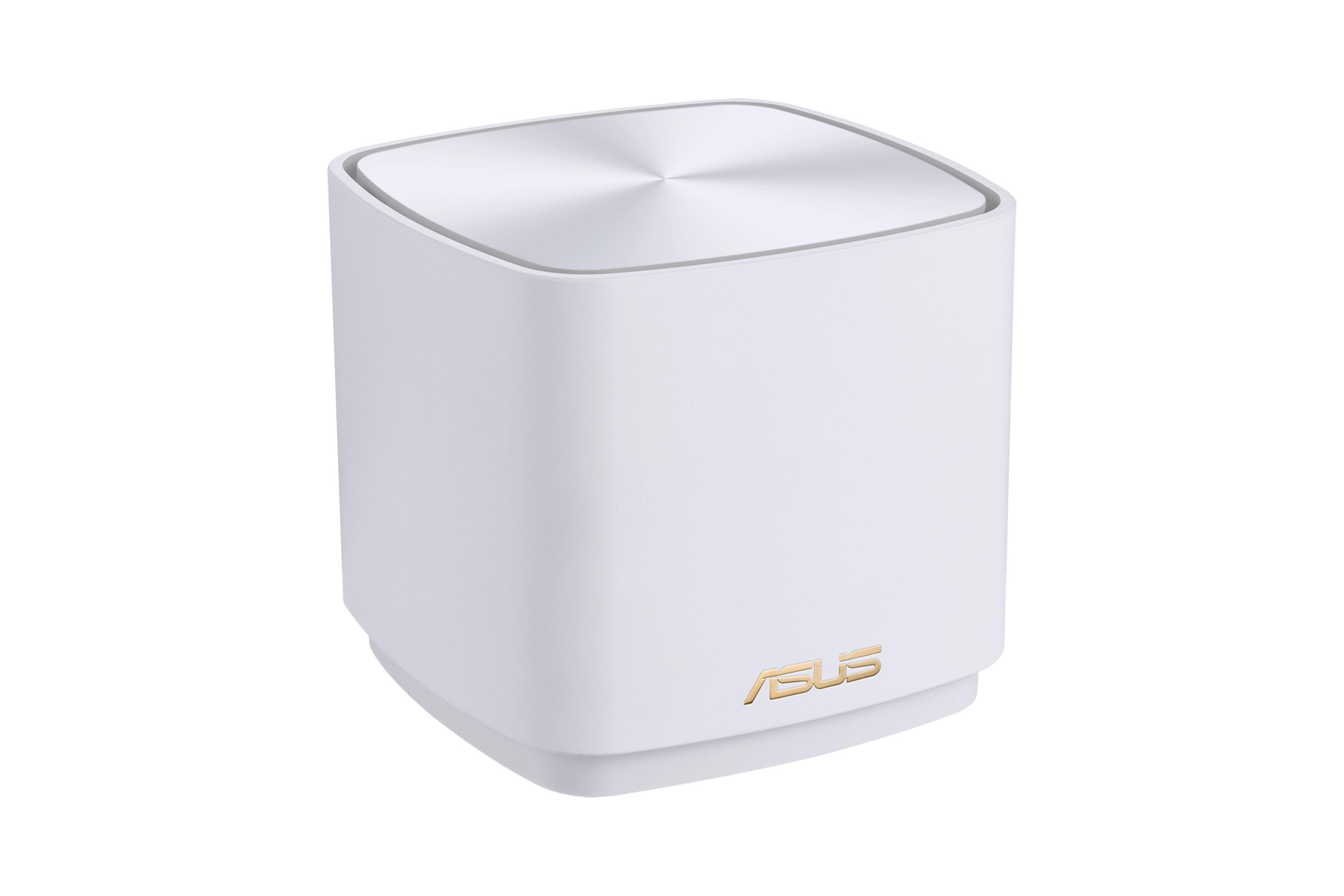 Ein weißer ASUS Router mit silberner Oberseite.
