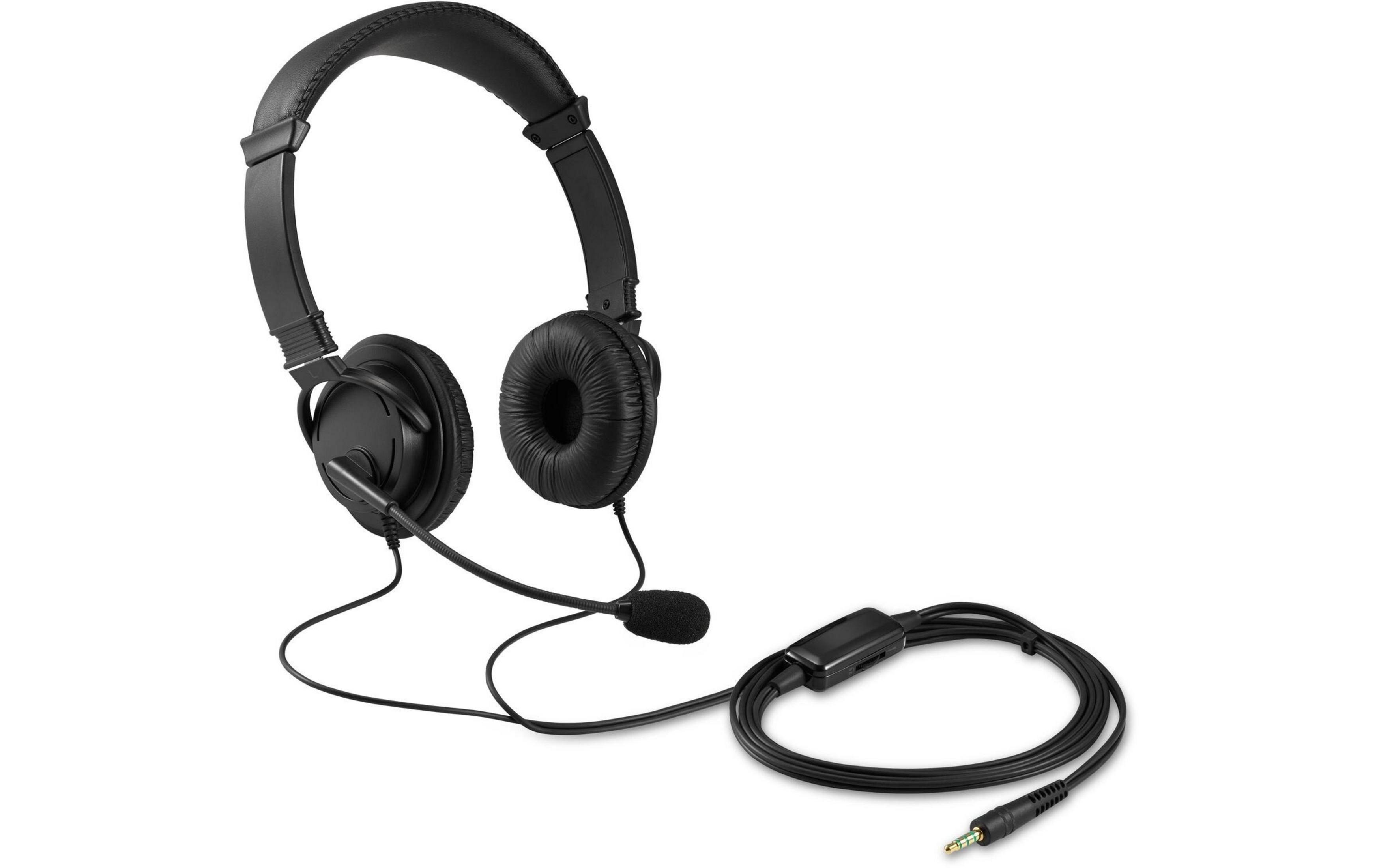 Czarne słuchawki z mikrofonem i kablem na białym tle.
