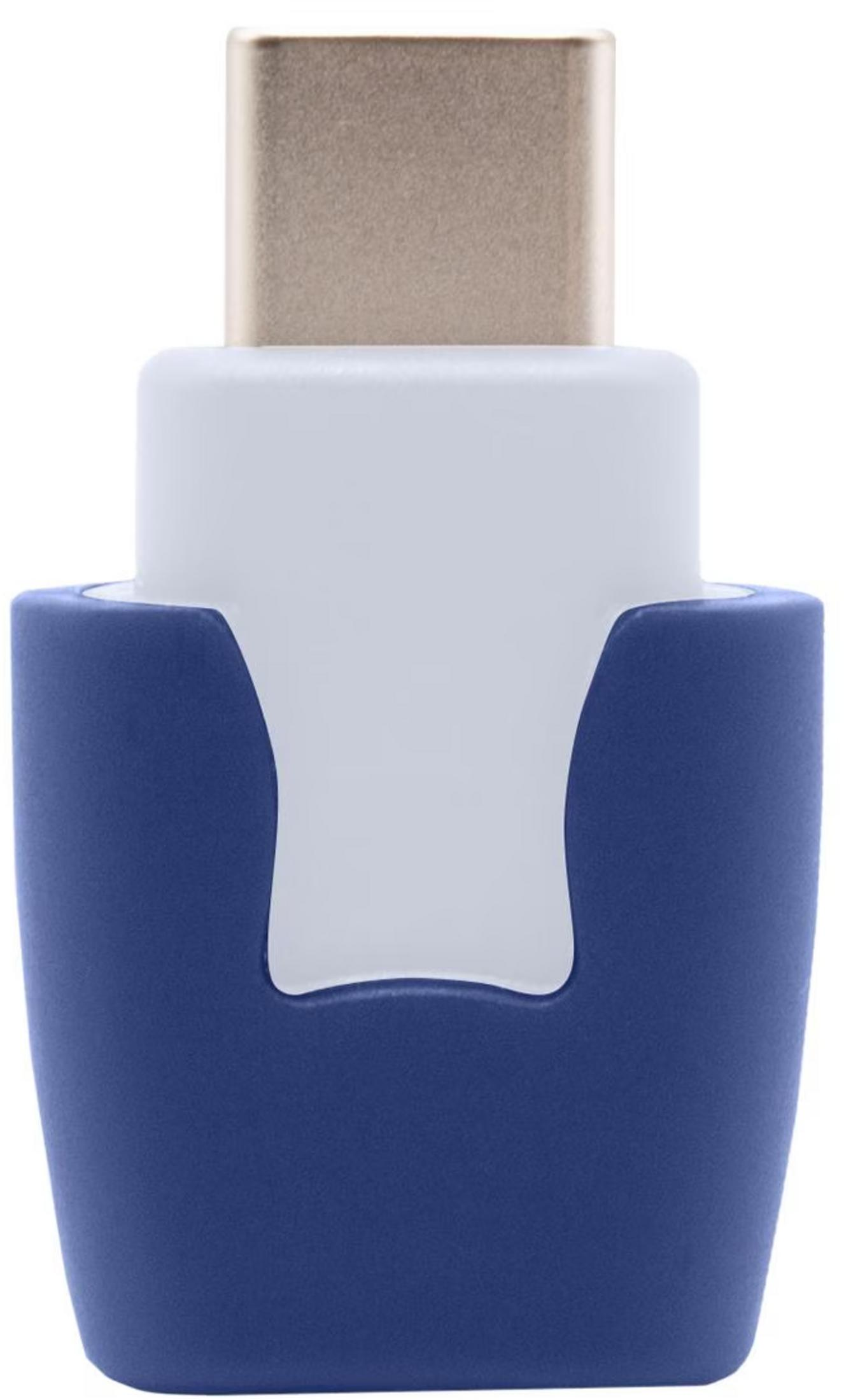 Un adaptador USB-C azul y blanco con conector plateado.