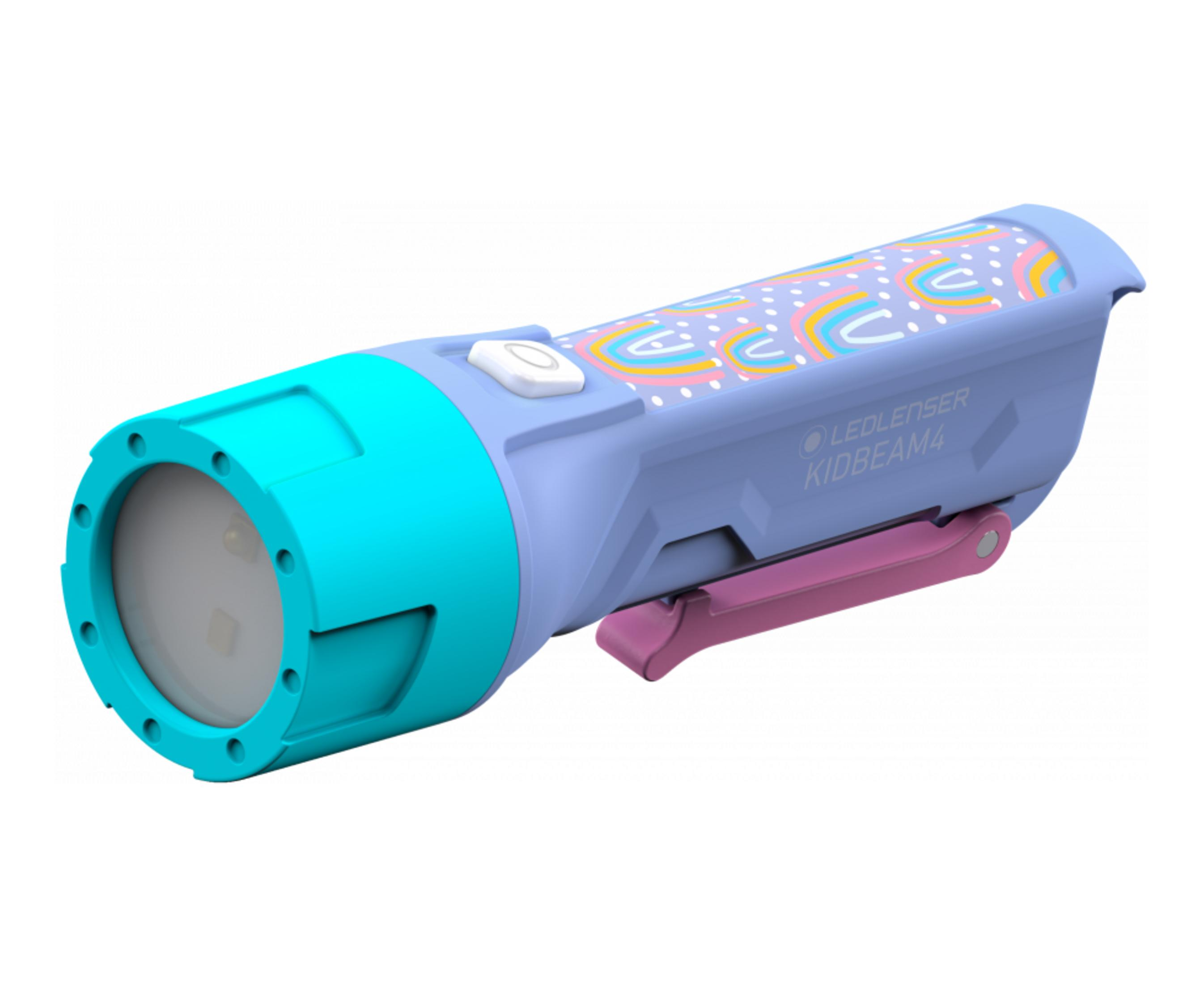 Eine Kinder-Taschenlampe in Lila mit bunten Regenbogen und weißen Punkten.