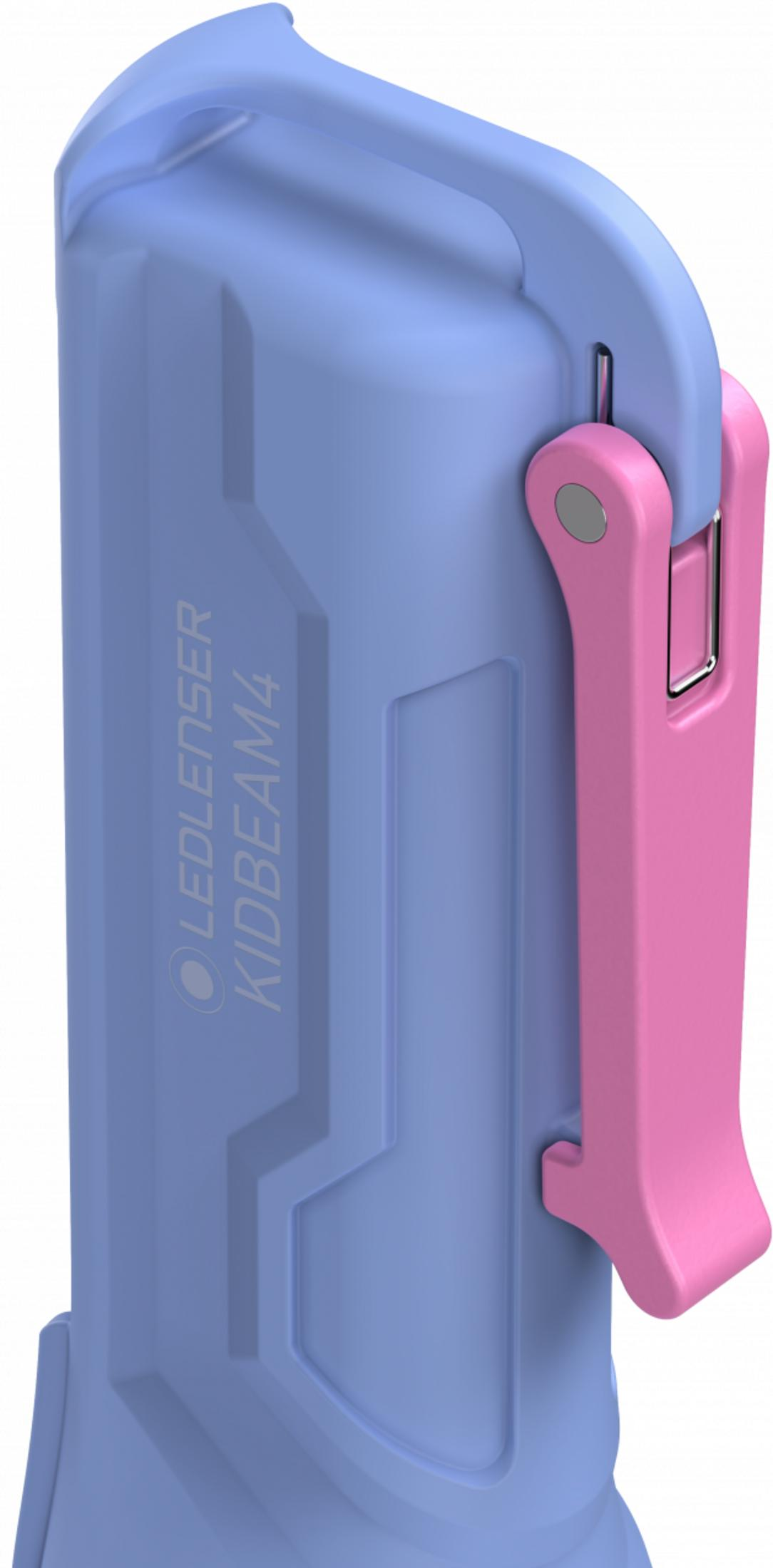 Blaue Taschenlampe mit pinkem Clip und Griff. Text: LEDLENSER KIDBEAM4.