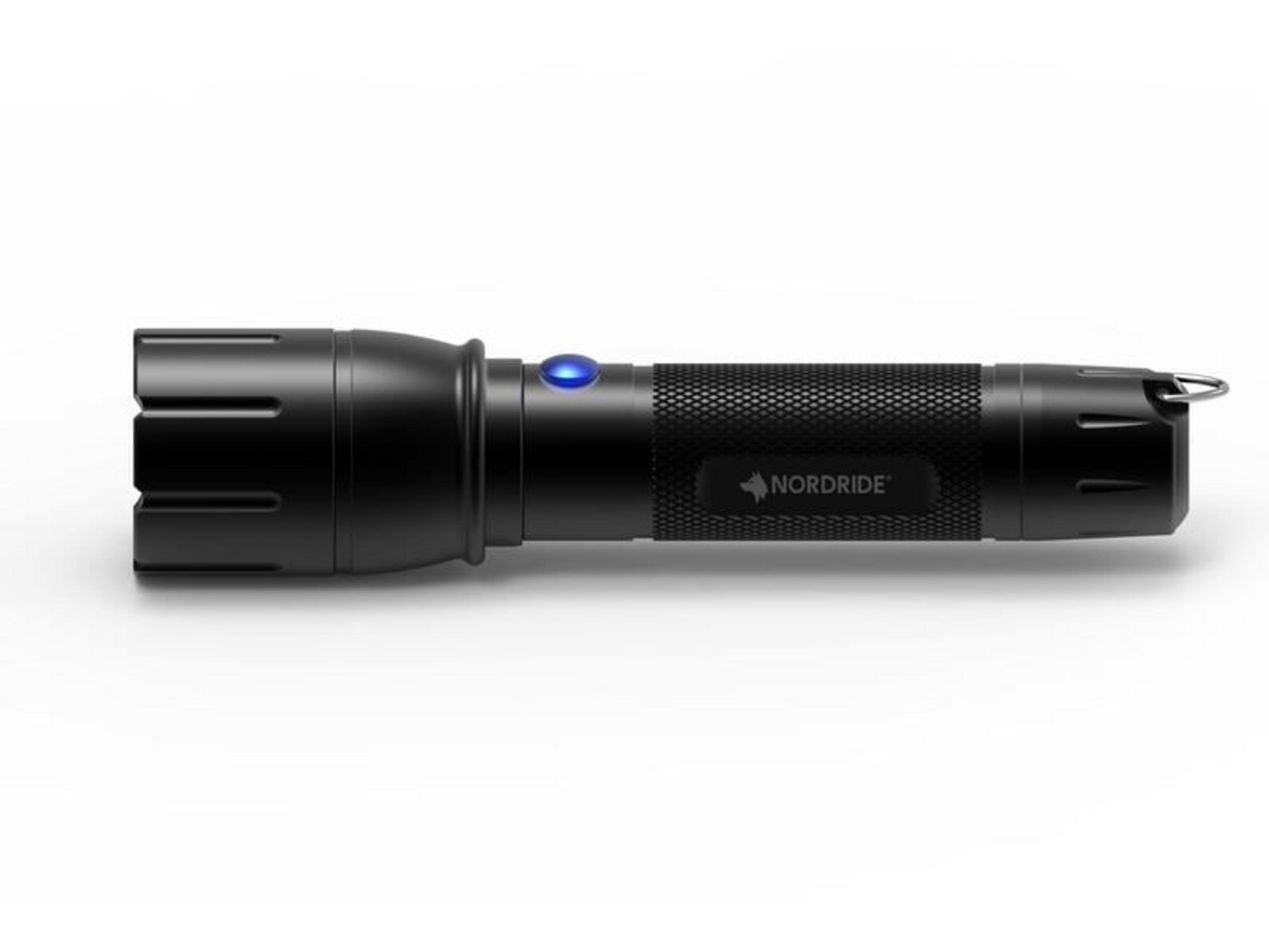 Une lampe de poche noire avec bouton bleu et logo NORDDRIDE sur fond blanc.