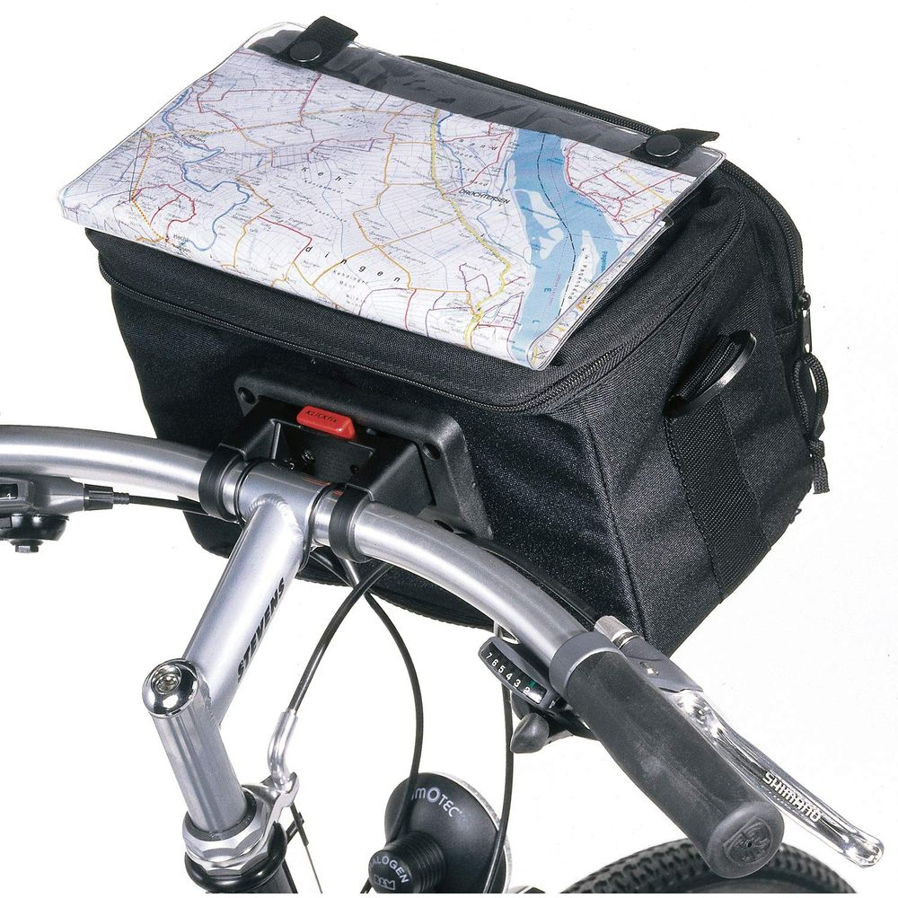 Sacoche noire de guidon avec carte, fixée au guidon du vélo avec vitesses.