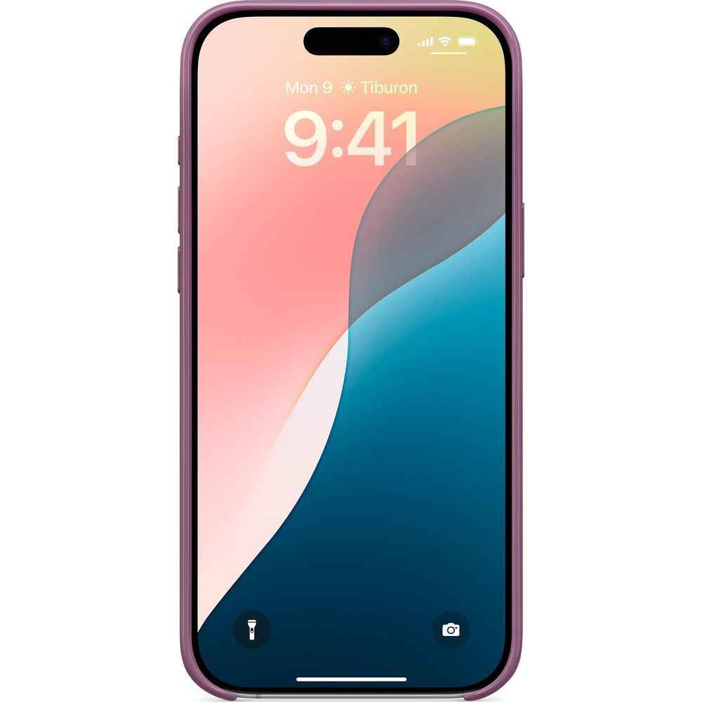 Fioletowe etui na iPhone z zablokowanym ekranem, godzina 9:41, widoczna pogoda i lokalizacja.