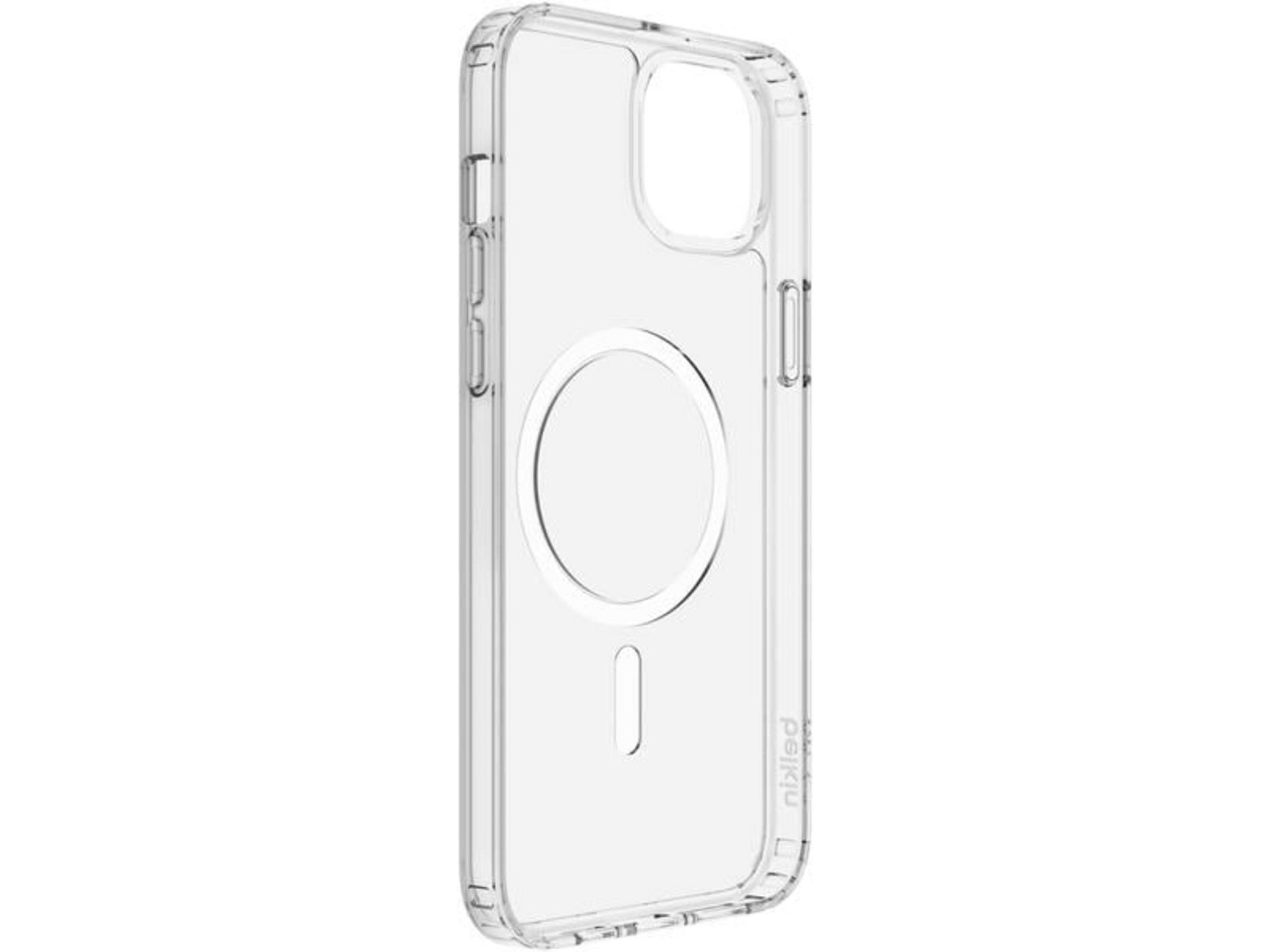 Custodia trasparente con anello magnetico per telefono, su sfondo bianco.
