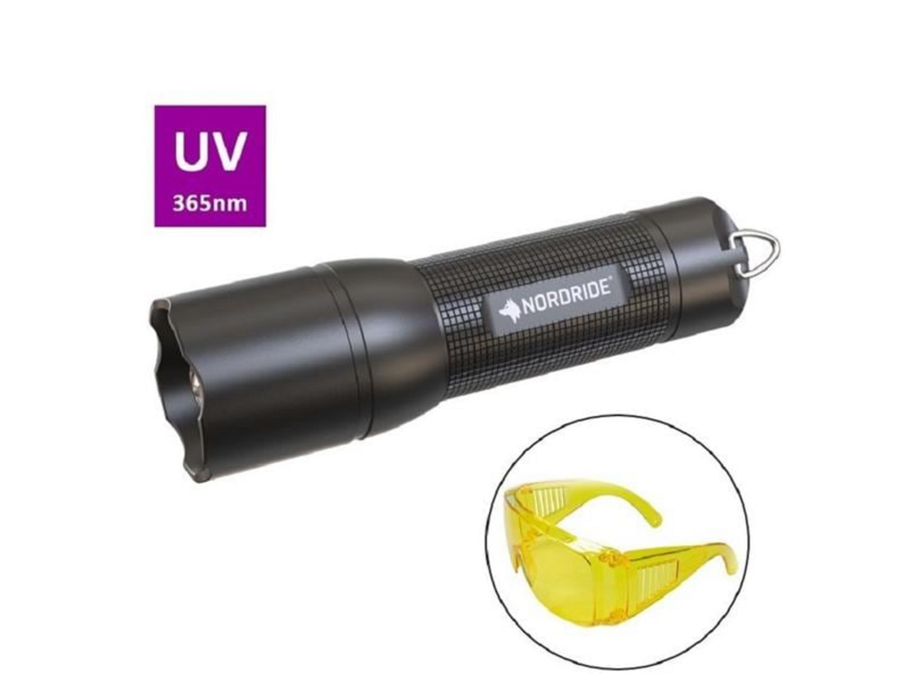 Lampe torche UV noire (365nm) et lunettes de protection jaunes.