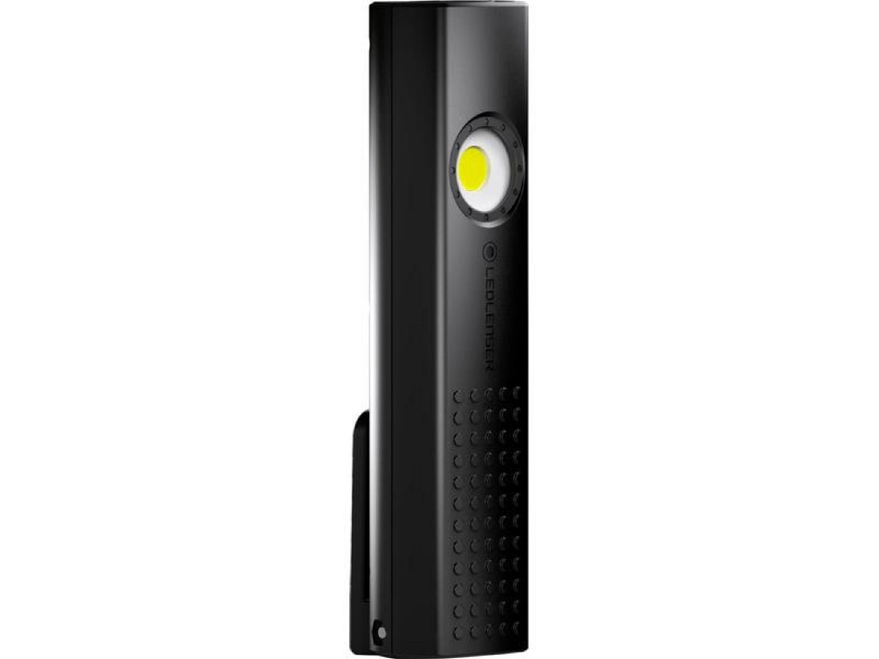 Bâton noir LED Lenser avec cercle lumineux jaune et motif côtelé.