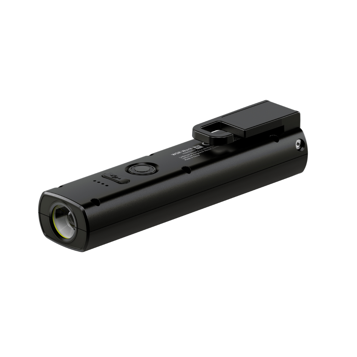 Lampe torche noire avec clip, bouton et indicateur de charge. Fond blanc.