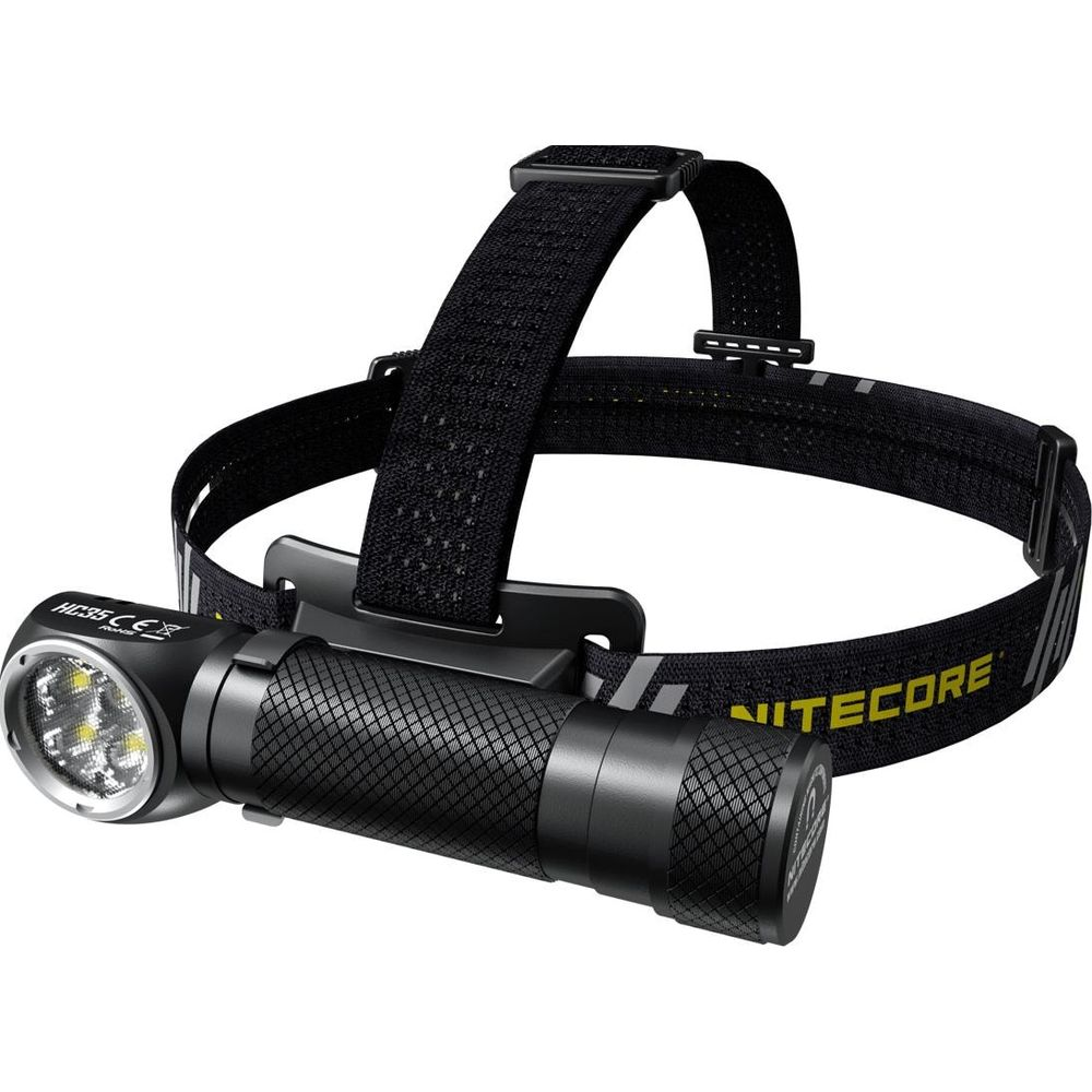 Une lampe frontale noire avec sangle et trois LED.