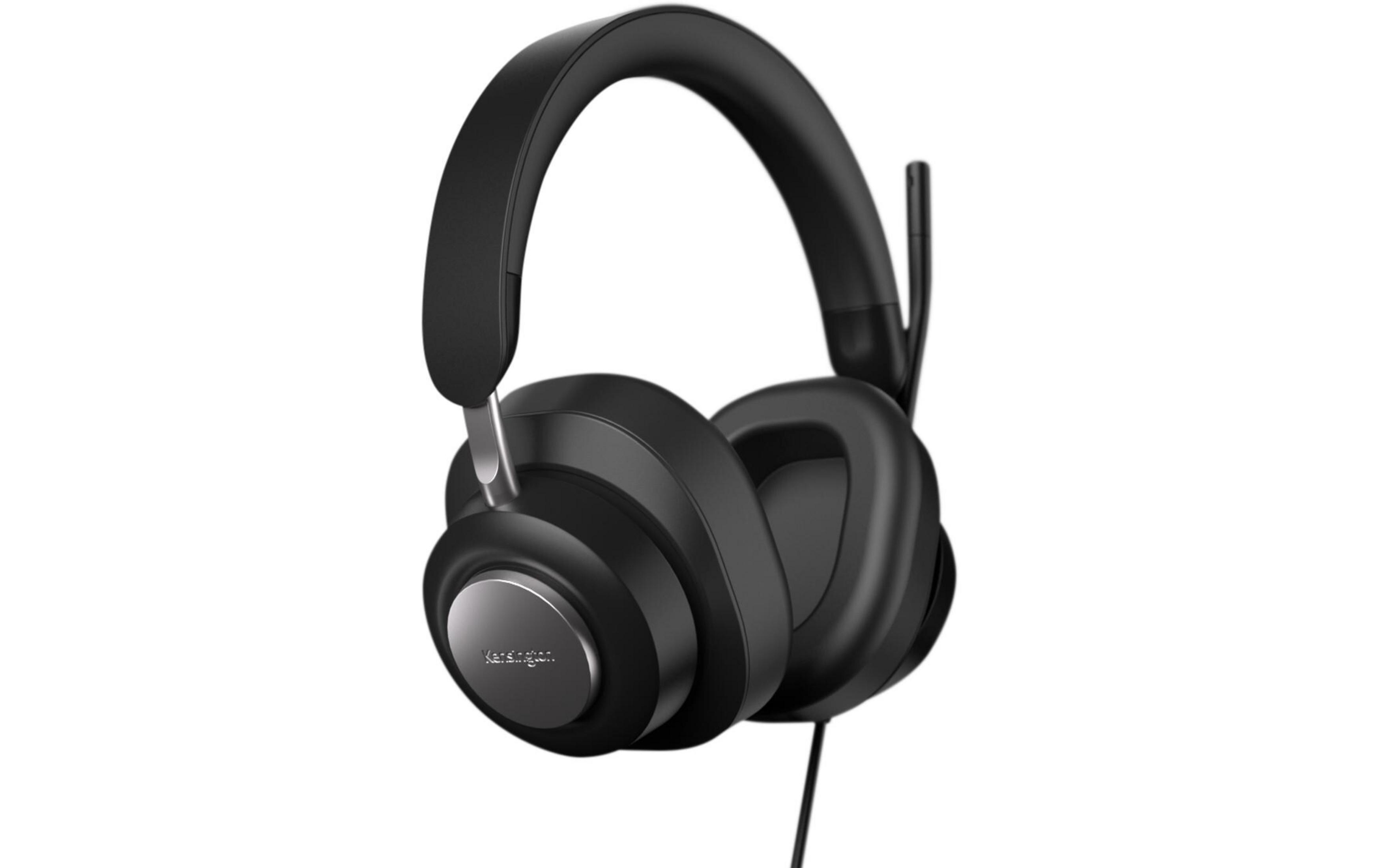 Cuffie nere over-ear con logo argentato e cavo.