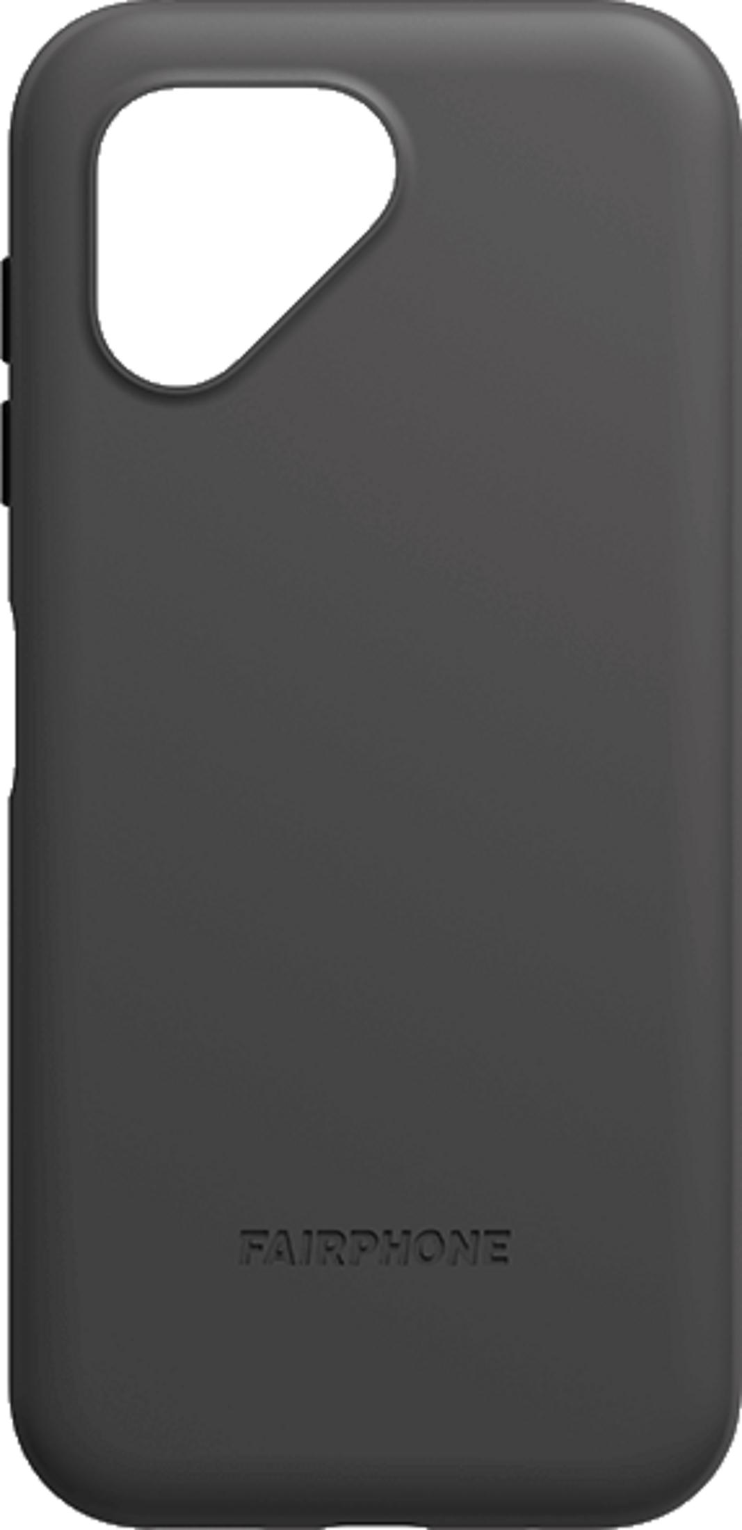 Custodia nera Fairphone con ritaglio fotocamera e logo.