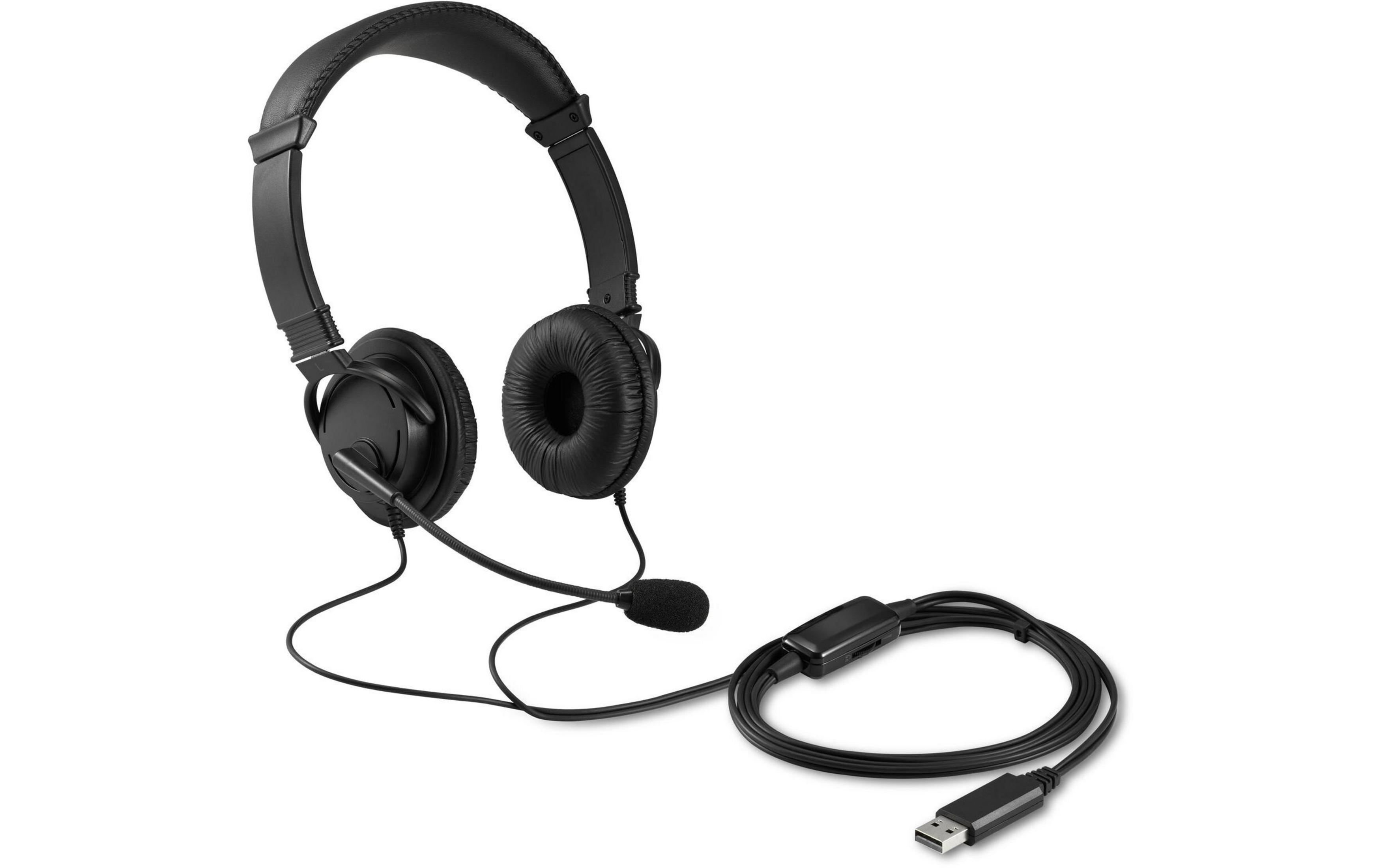 Czarne słuchawki z mikrofonem i złączem USB na białym tle.