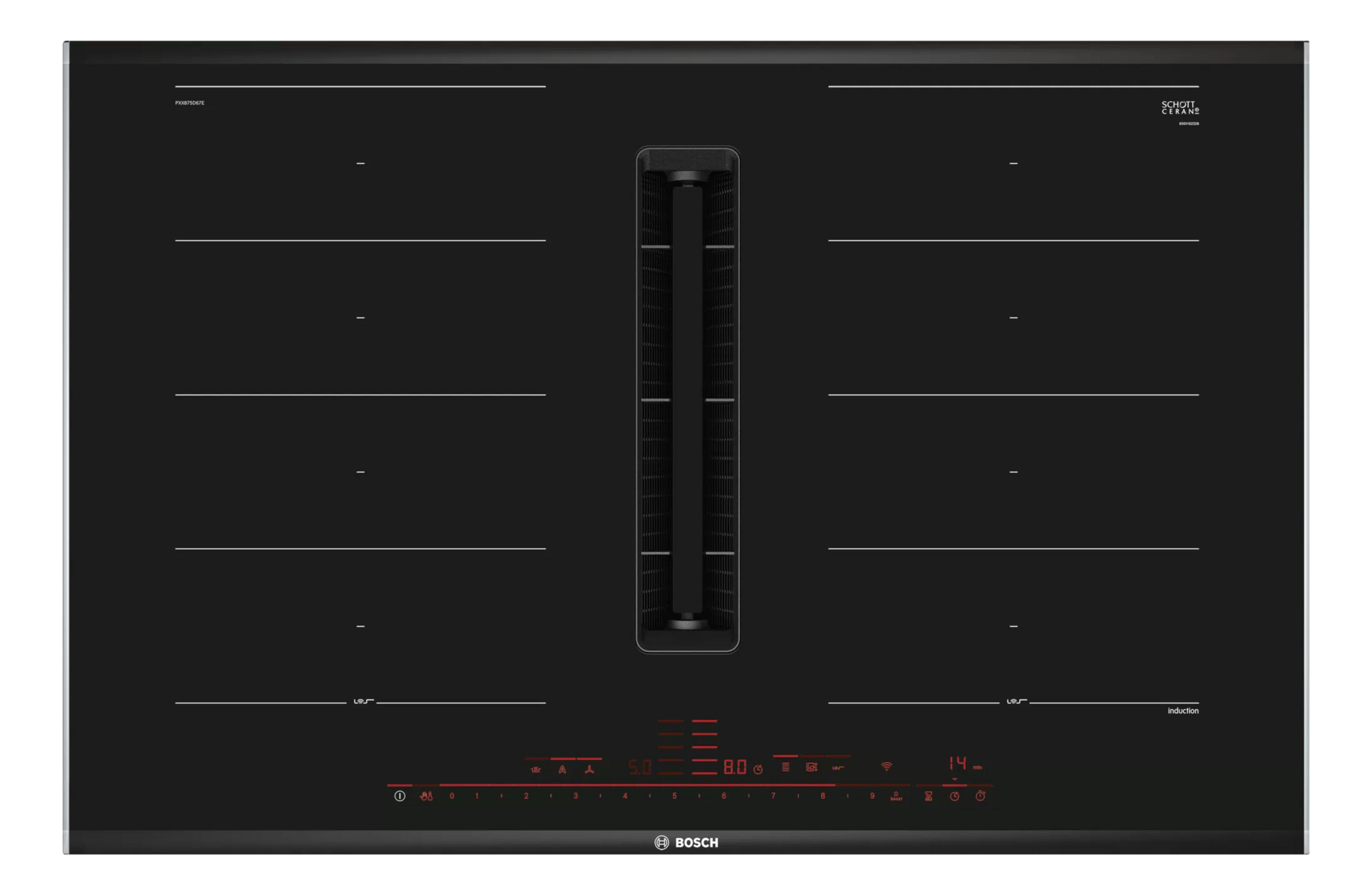 Czarna płyta indukcyjna ze zintegrowanym grillem wentylacyjnym i cyfrowym wyświetlaczem.
