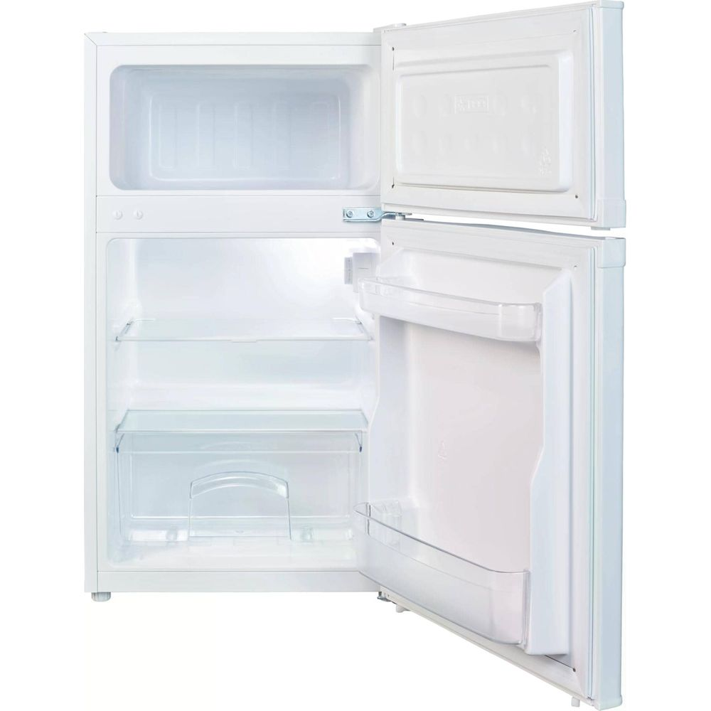 Ein weißer Kühlschrank mit offenem Gefrierfach oben und Kühlteil.