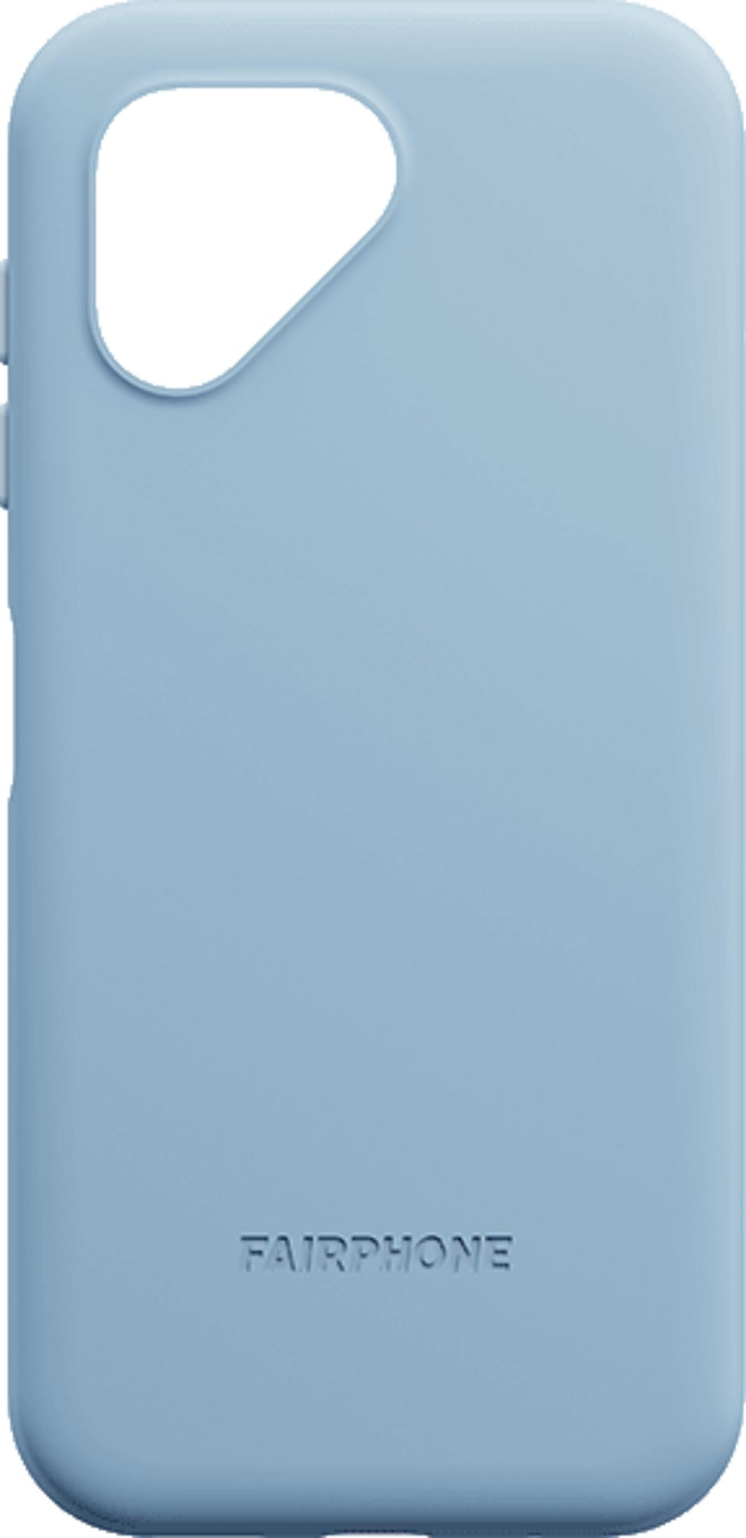Una cover per telefono azzurra con un ritaglio in alto a sinistra e il logo Fairphone.