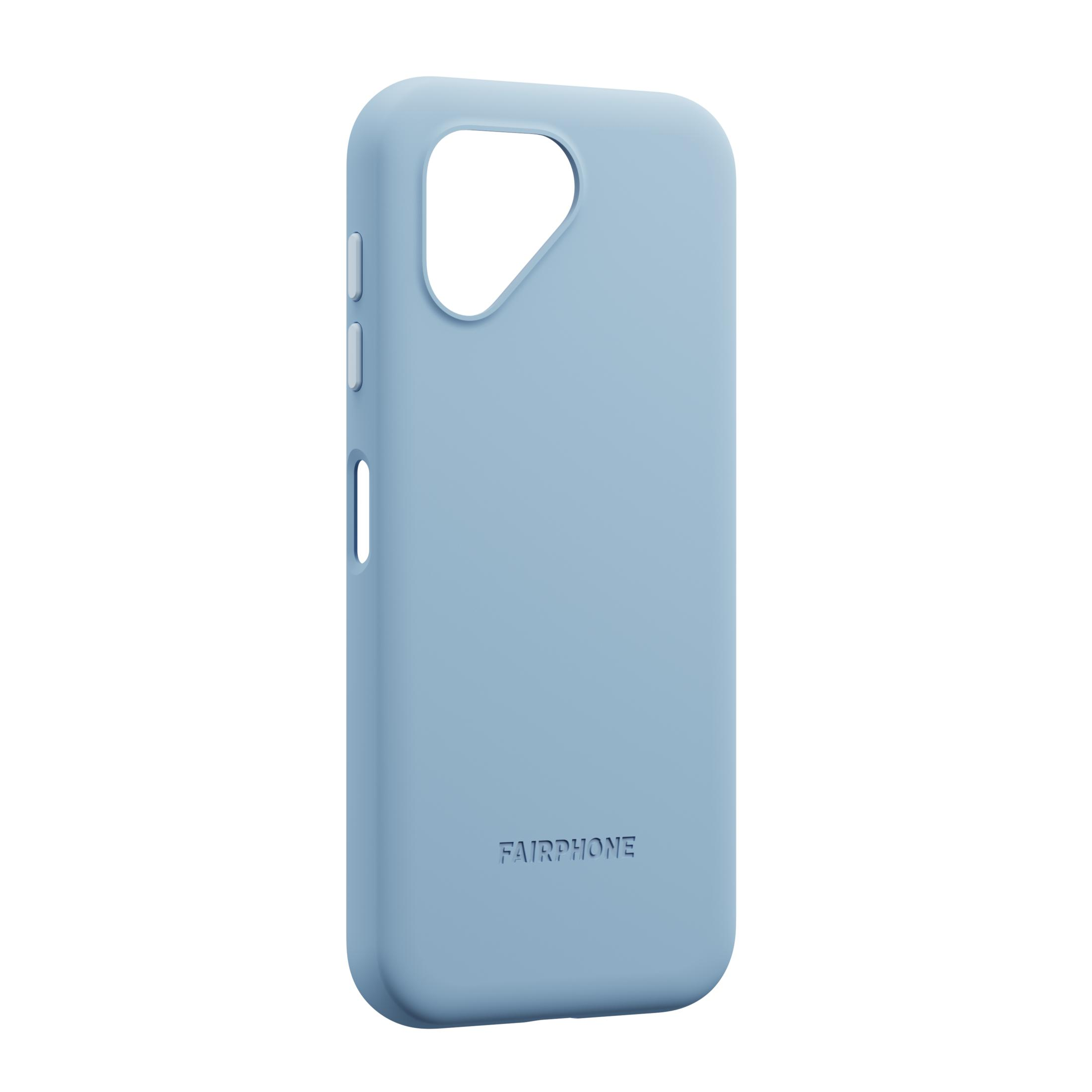 Una cover Fairphone azzurra con ritaglio fotocamera e pulsanti laterali.