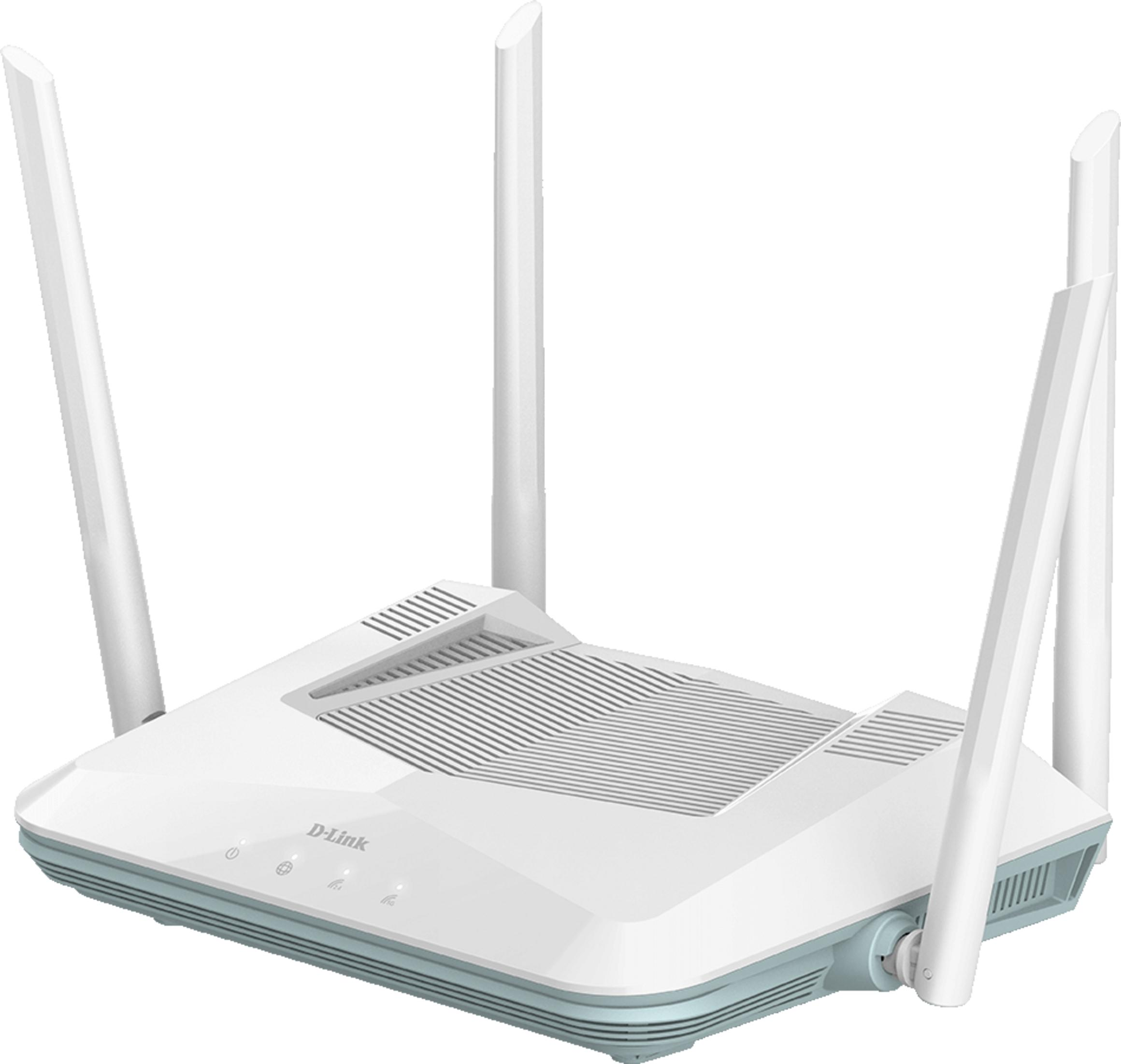 Biały router D-Link z czterema antenami i niebieskimi akcentami.