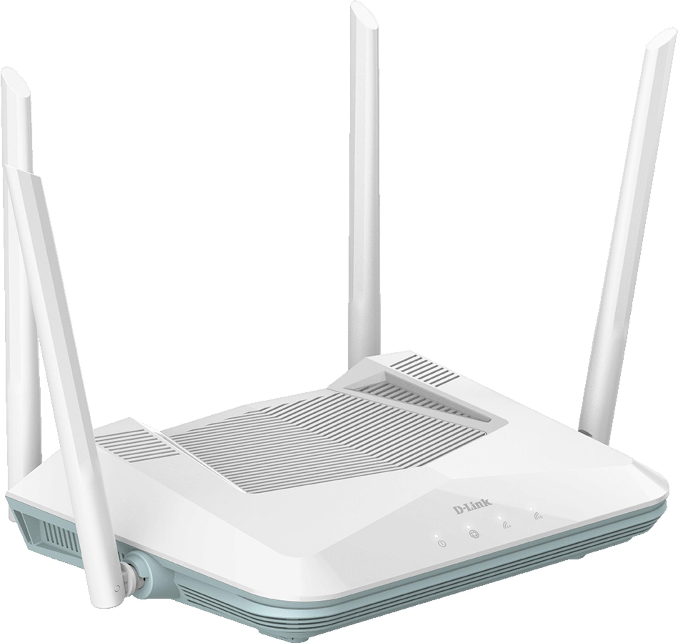 Biały router D-Link z czterema antenami i niebieskimi akcentami.