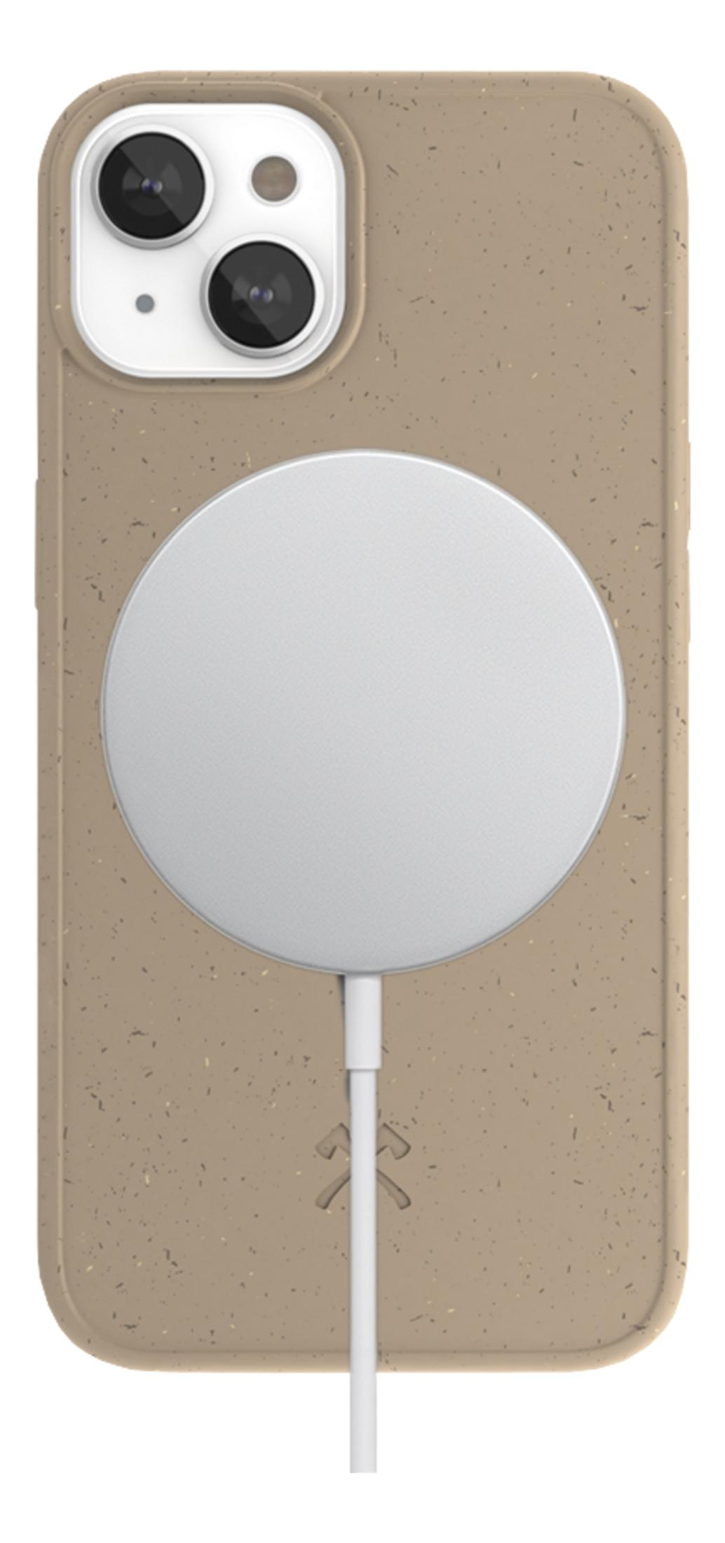 Braune Handyhülle mit Kamera und weißem Ladekabel.