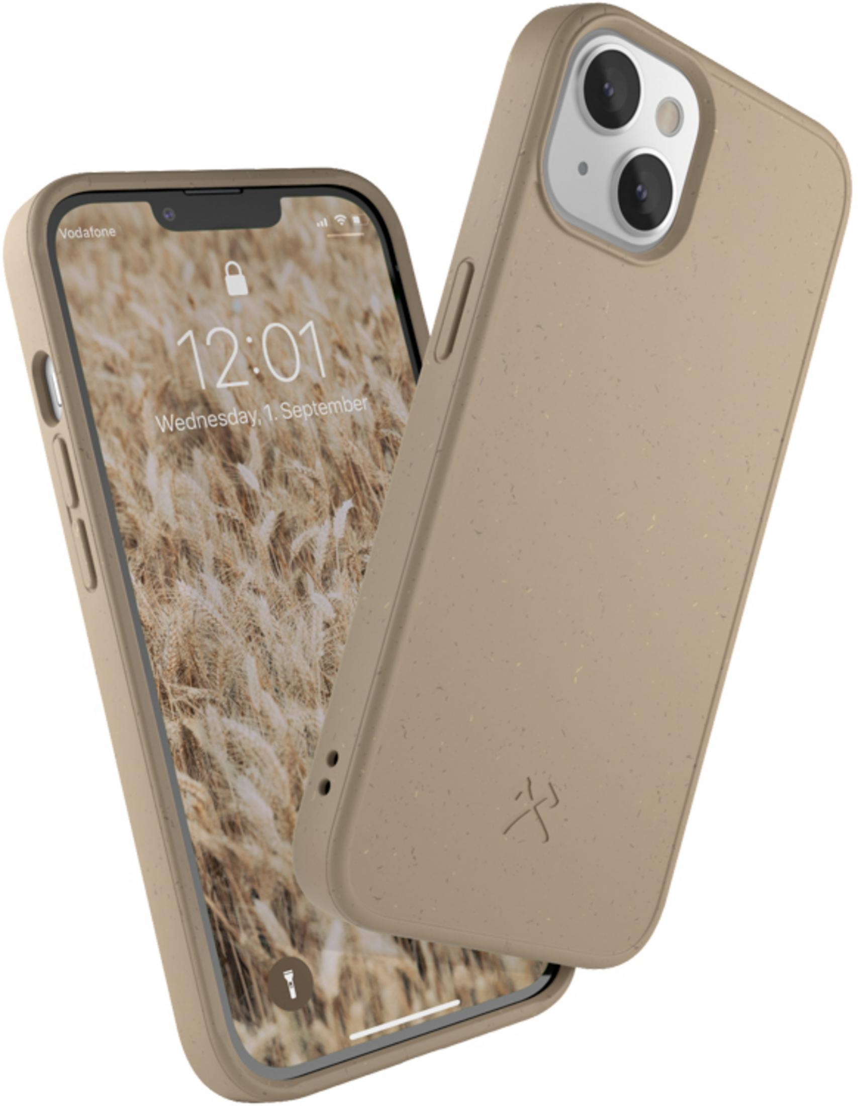 Ein hellbraunes iPhone in einer passenden Hülle, mit Weizenfeld-Hintergrund.