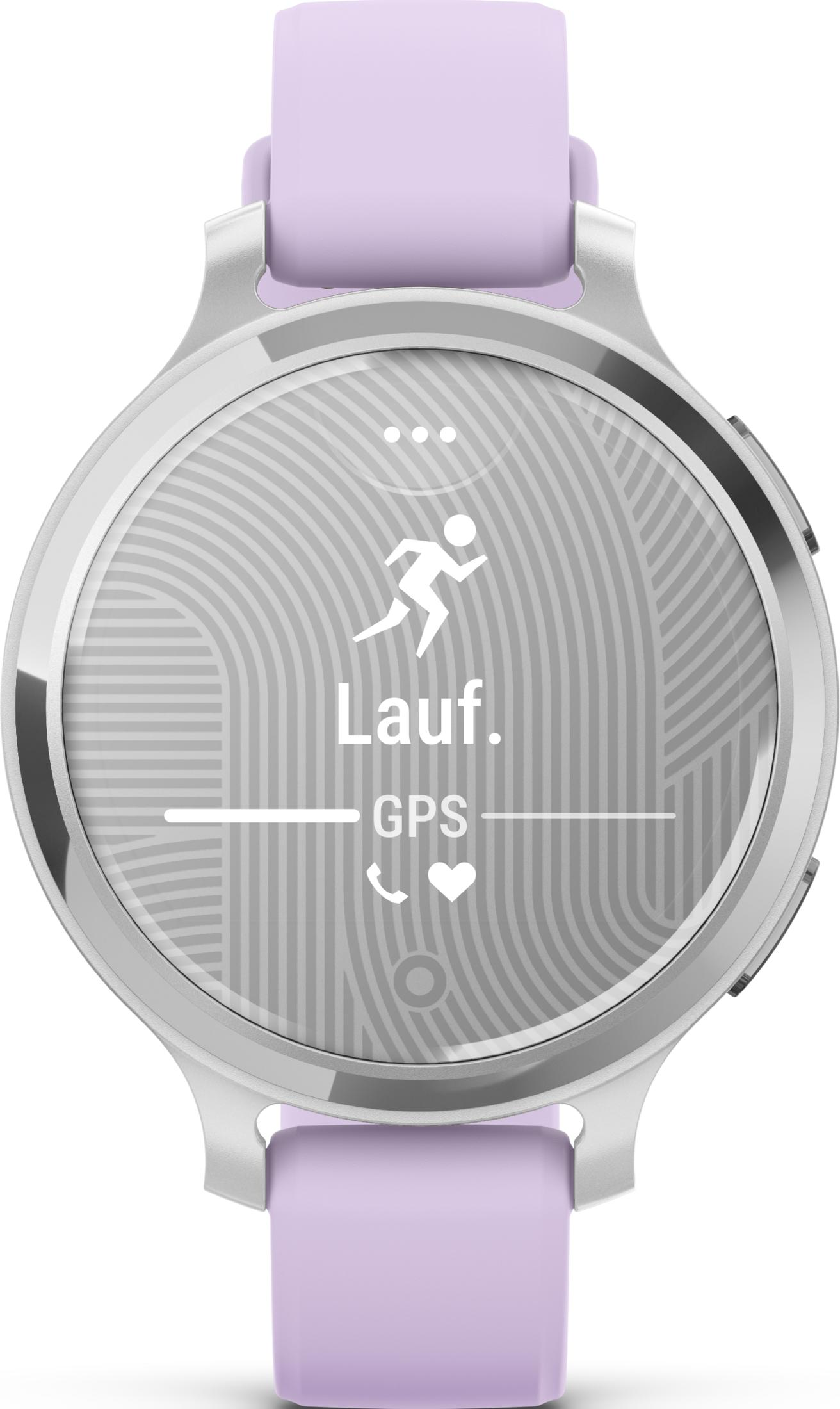 Silberne Smartwatch mit lila Armband, zeigt eine Laufsilhouette und Text.