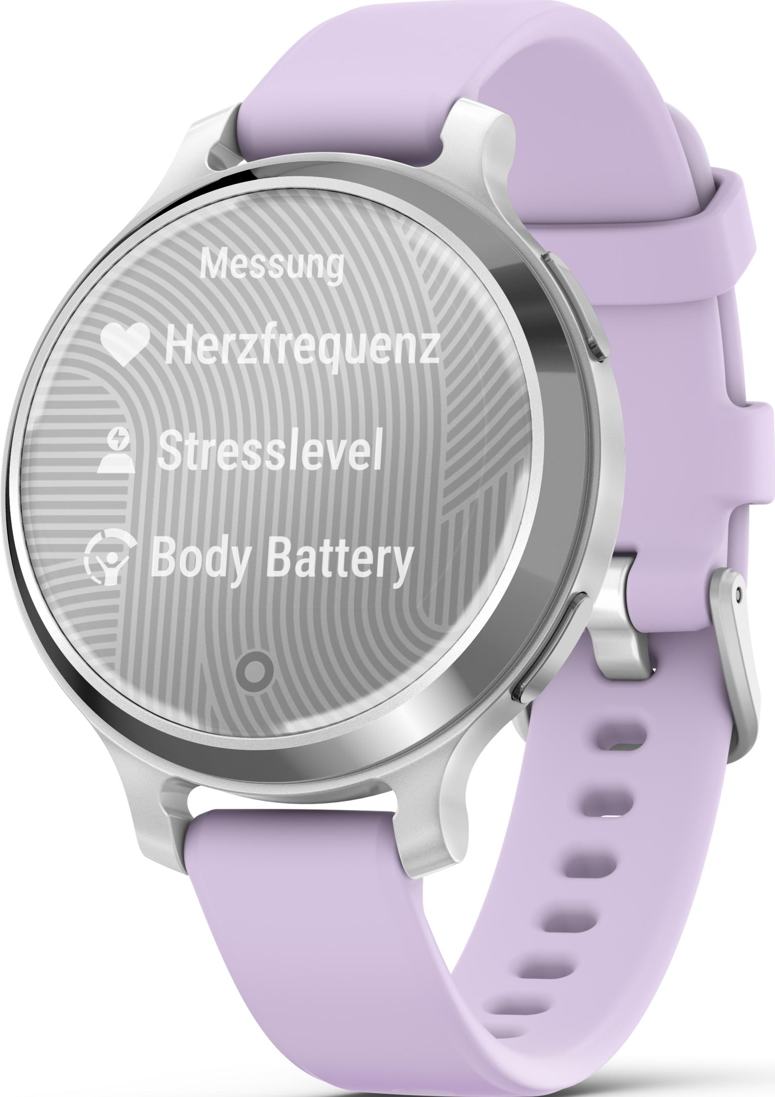 Silberne Smartwatch mit lila Armband, zeigt Herzfrequenz, Stresslevel, Body Battery.