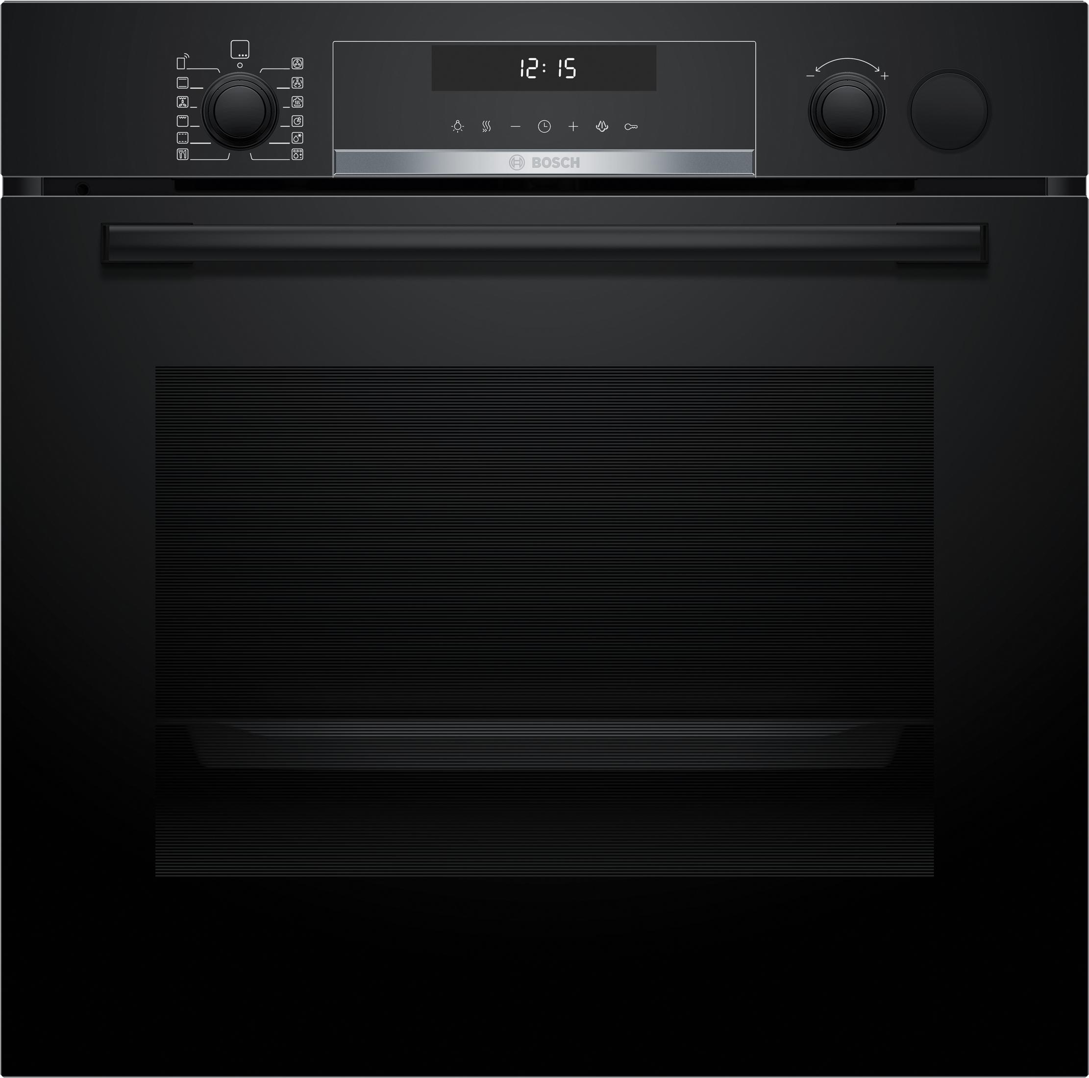 Nowoczesny czarny piekarnik Bosch z cyfrowym wyświetlaczem czasu.