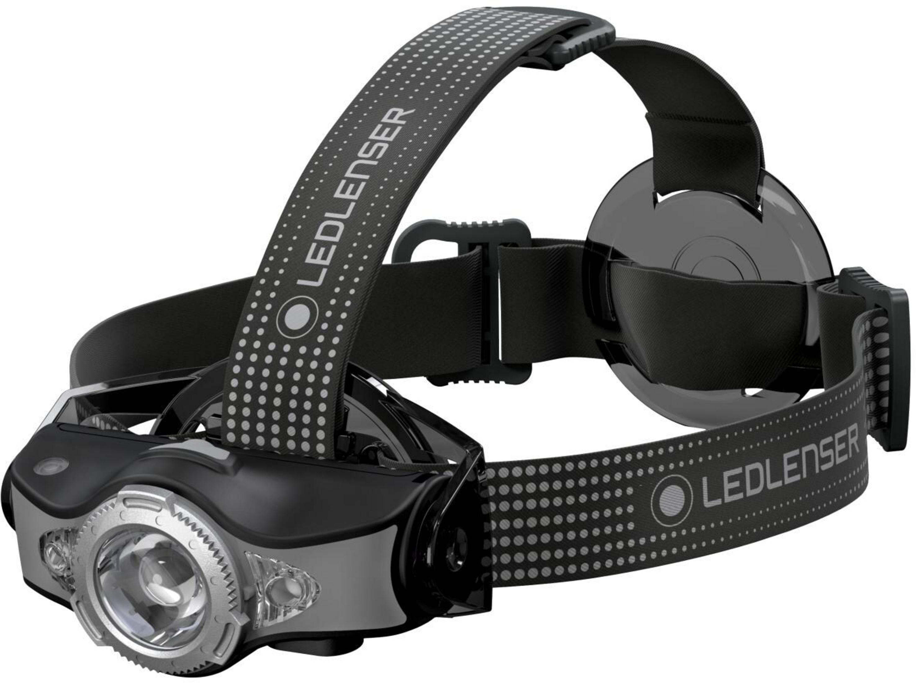 Schwarze LED LENSER Stirnlampe mit verstellbarem Band und hellem Frontlicht.