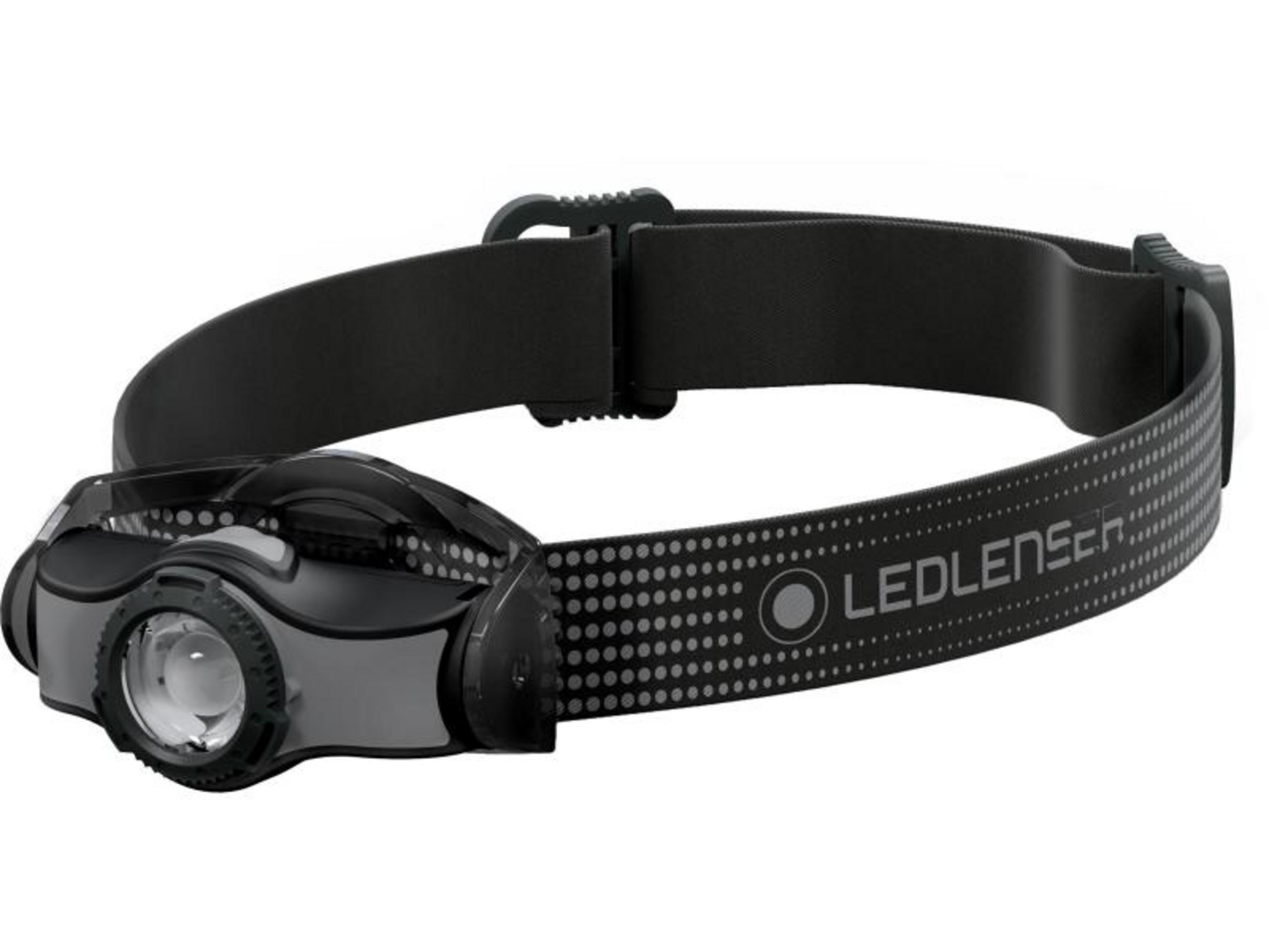 Czarna latarka czołowa z regulowanym paskiem i logo LED.