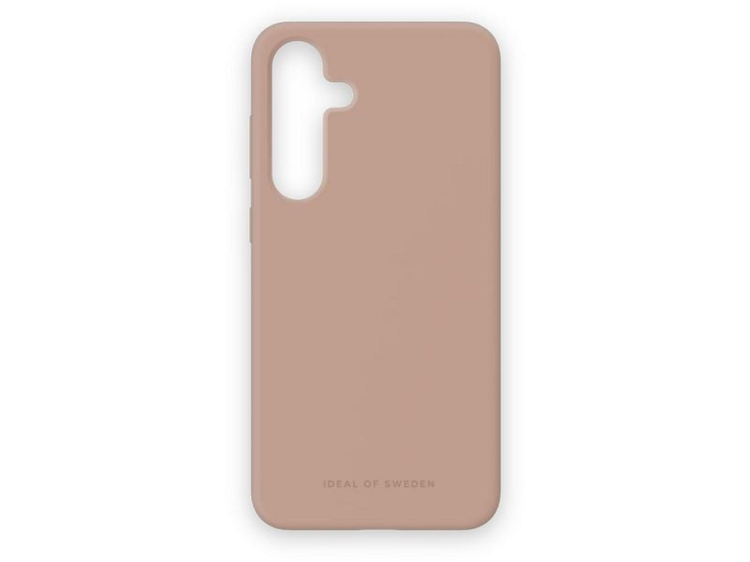 Brudnoróżowe etui na telefon z wycięciem na aparat i logo.