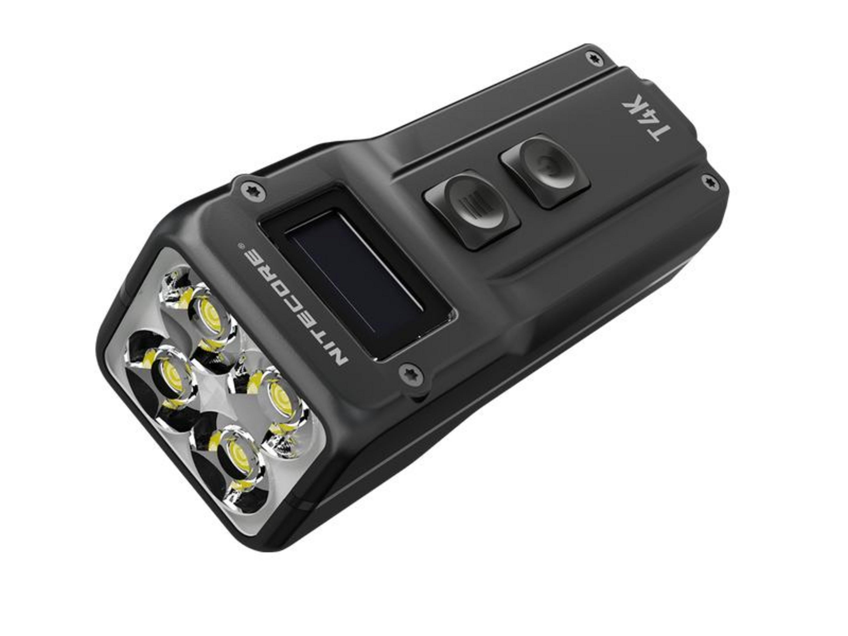 Czarna latarka z czterema diodami LED, wyświetlaczem i dwoma przyciskami.