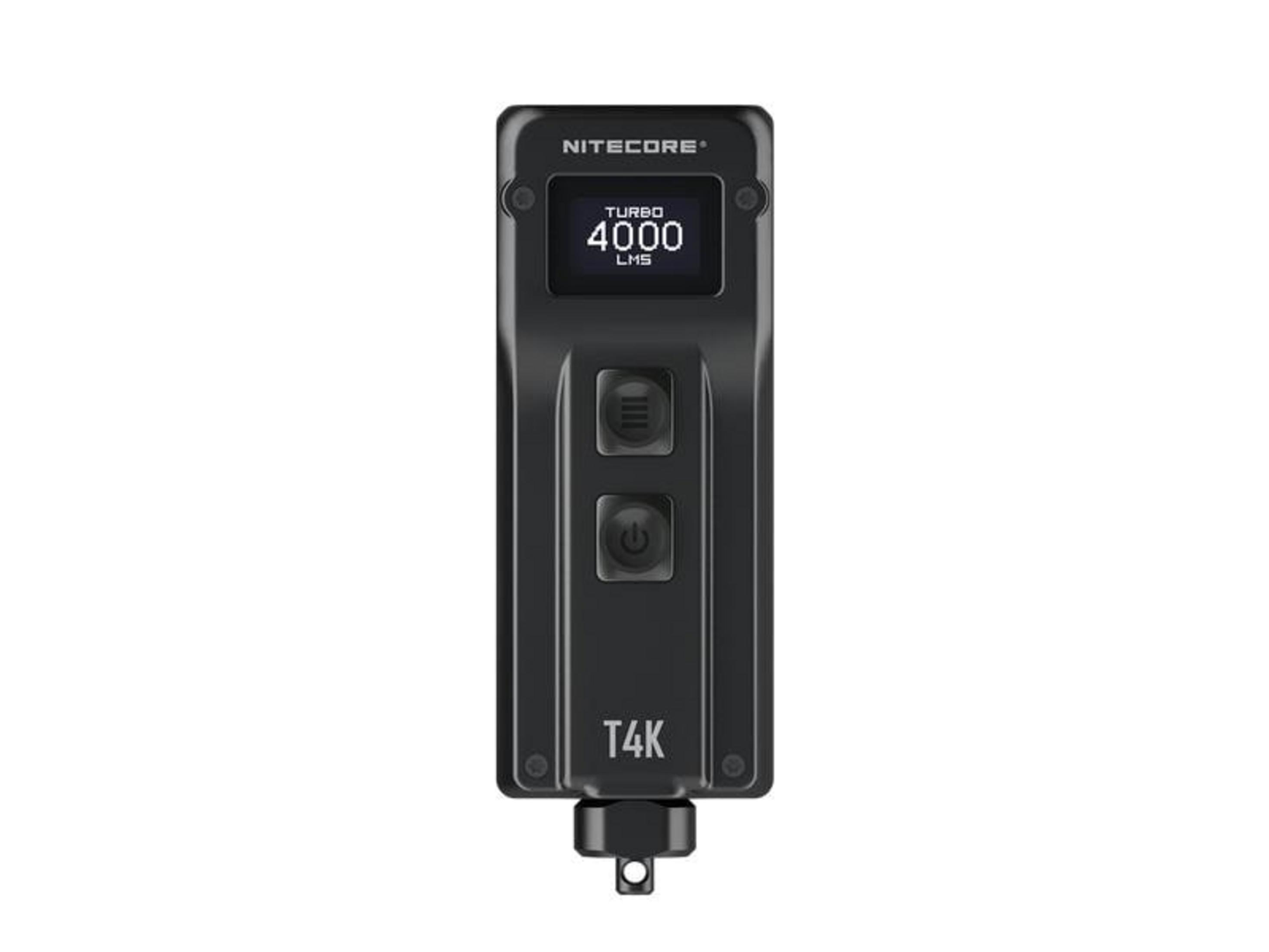 Czarna latarka z ekranem wyświetlającym 4000 lumenów.