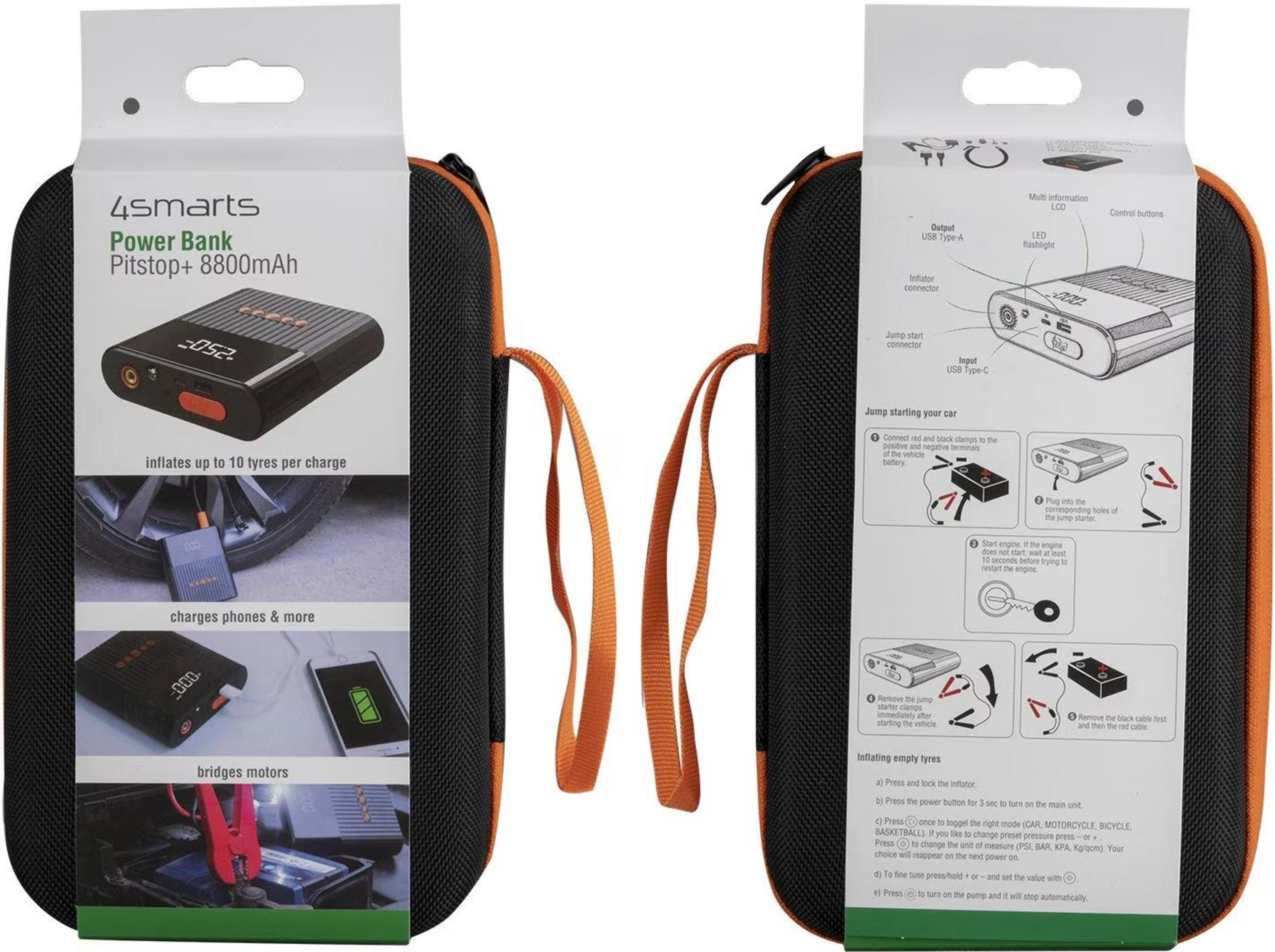 Power Bank 4smarts con avviamento, display di ricarica e accessori in custodia.
