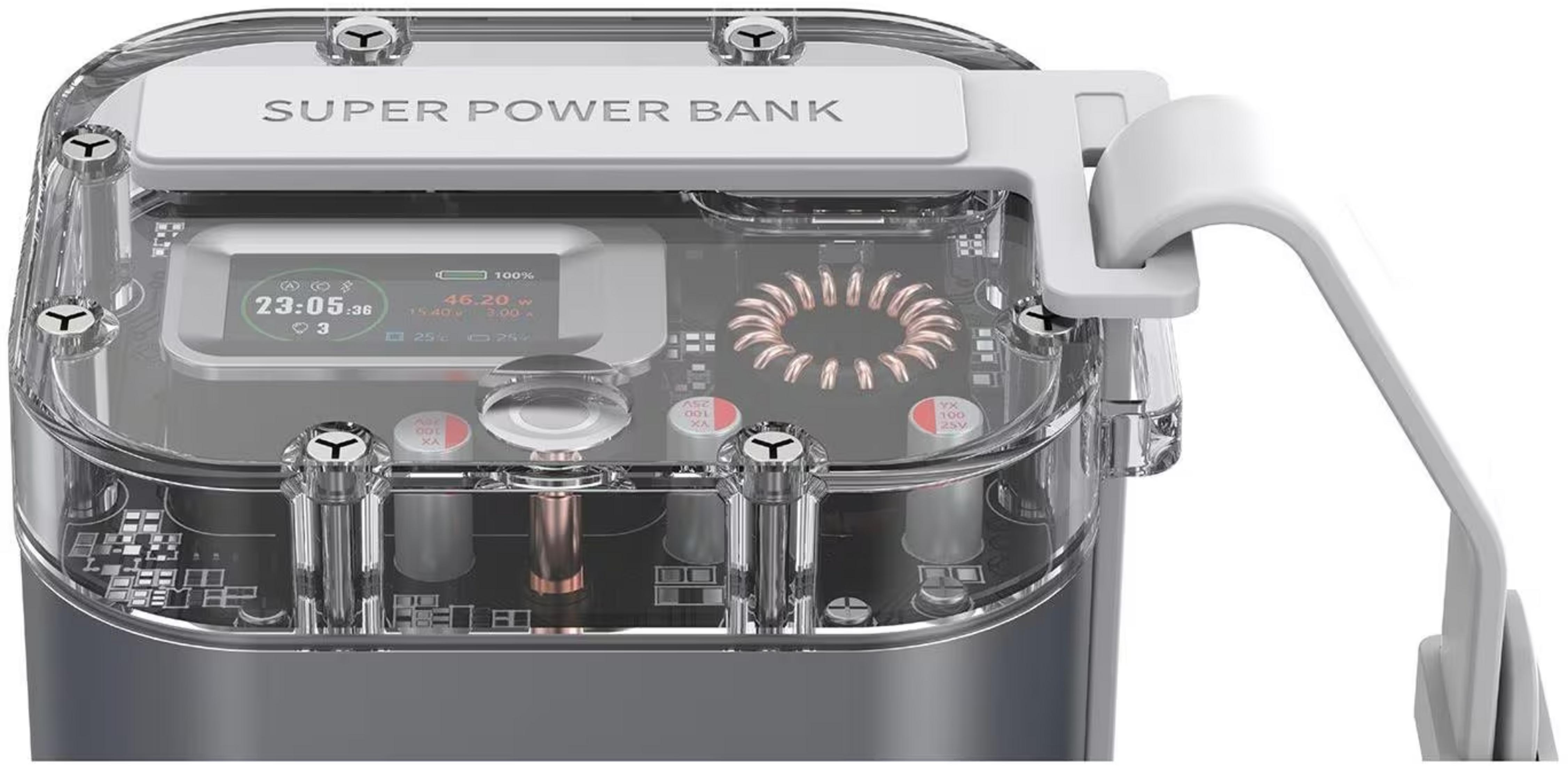 Batterie externe transparente avec écran numérique, bobine et vis.