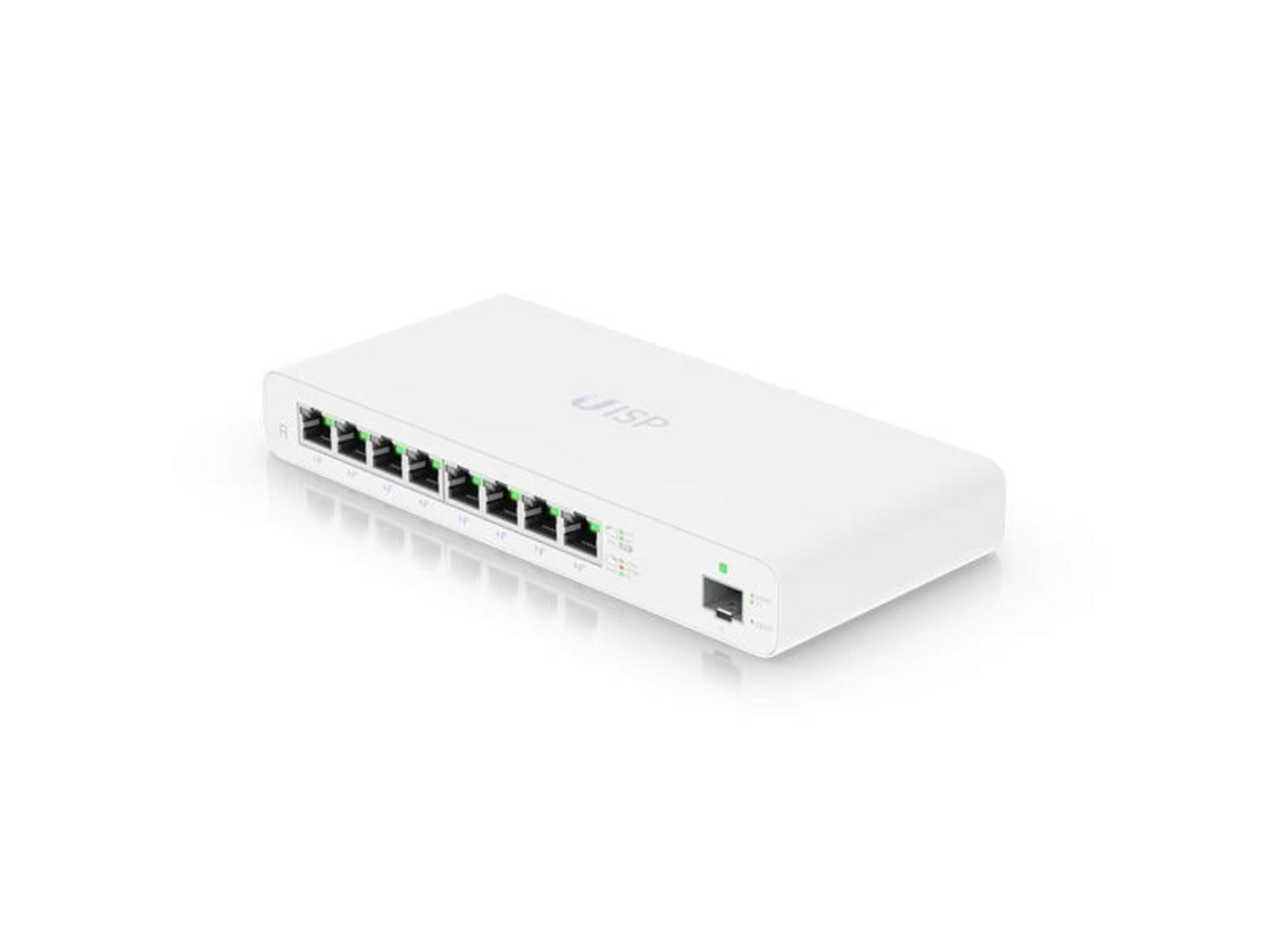 Uno switch di rete bianco a 8 porte con indicatori LED verdi e logo UI-SP.
