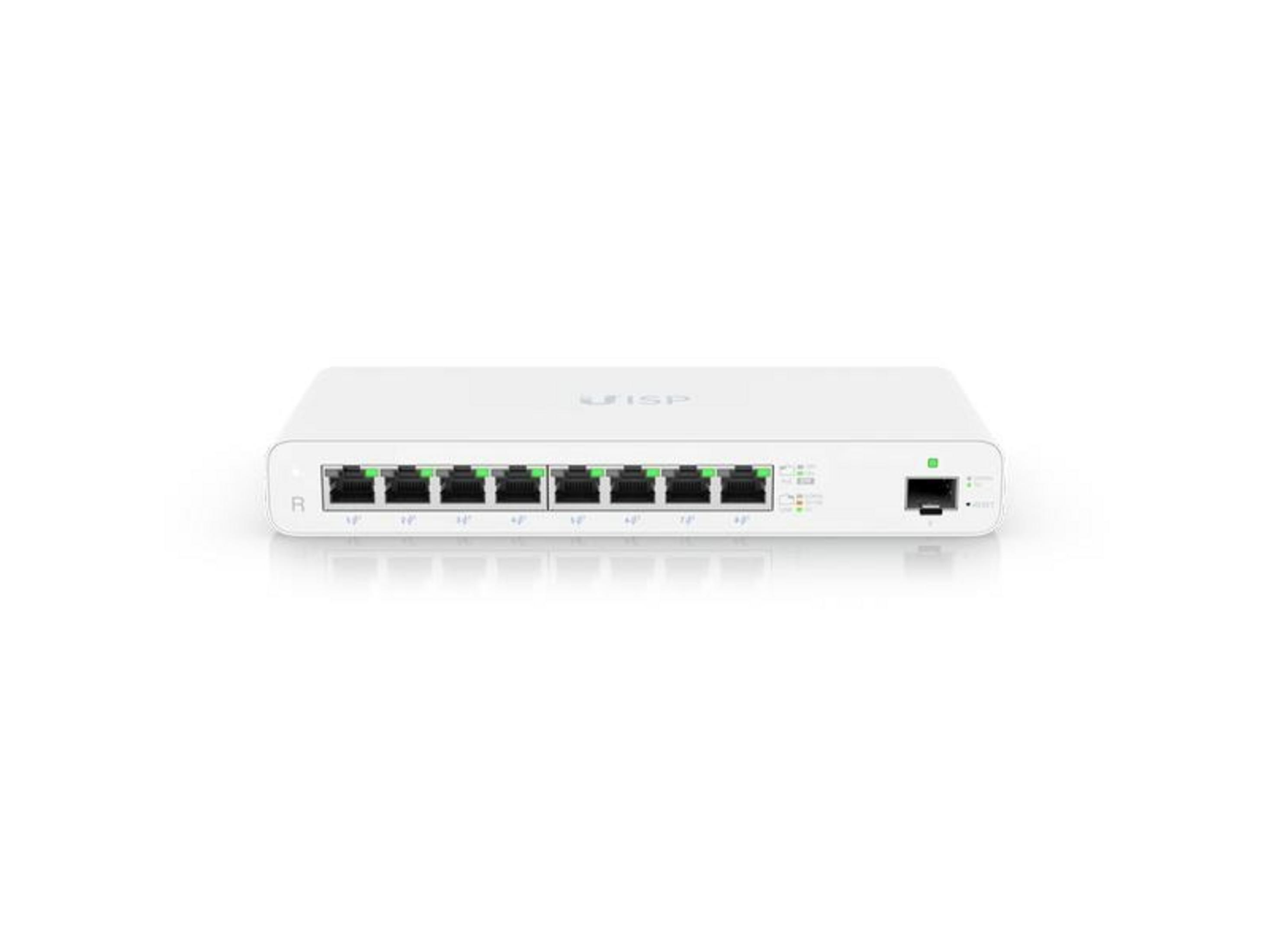 Switch di rete bianco con 8 porte e spie verdi.